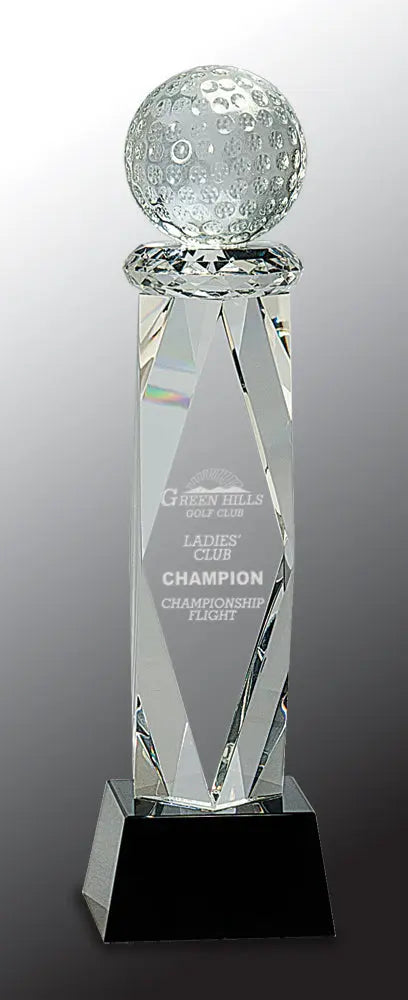 Premier Crystal Award with Golf Ball on Facet Column and Black Base, Includes Lined Presentation Box, 10.75" JDS