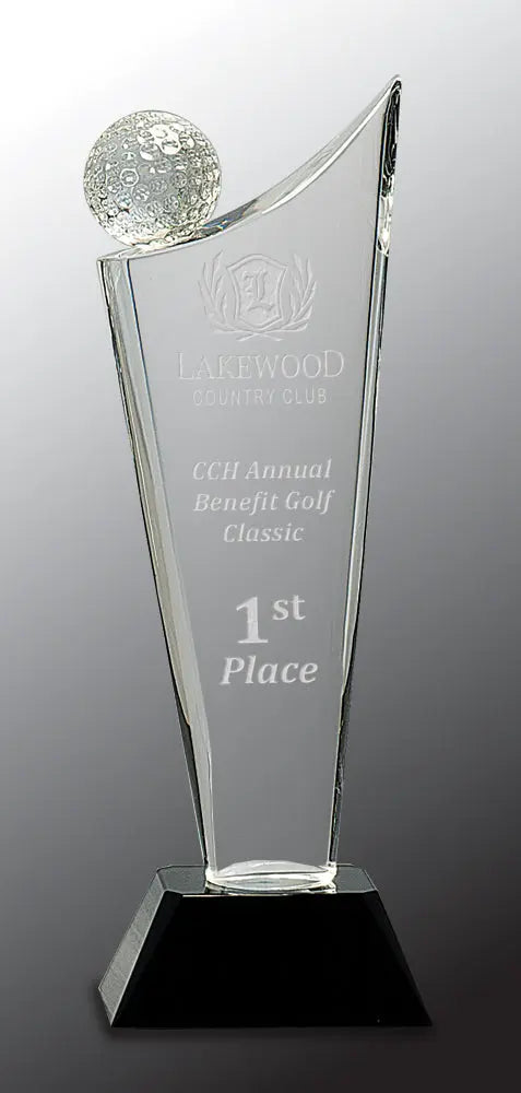 Premier Crystal Award with Golf Ball on Wave with Black Base, Includes Lined Presentation Box, 10.75" JDS
