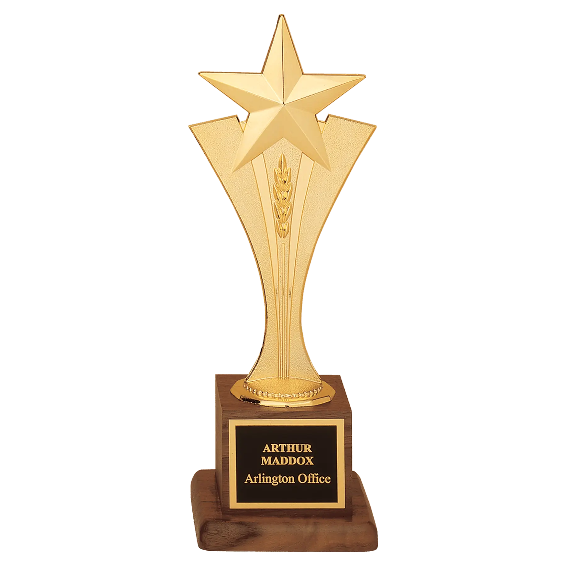 Modern Gold Star Standing Award Trophy, Walnut Finish Base with Black Brass Plate, 10" JDS