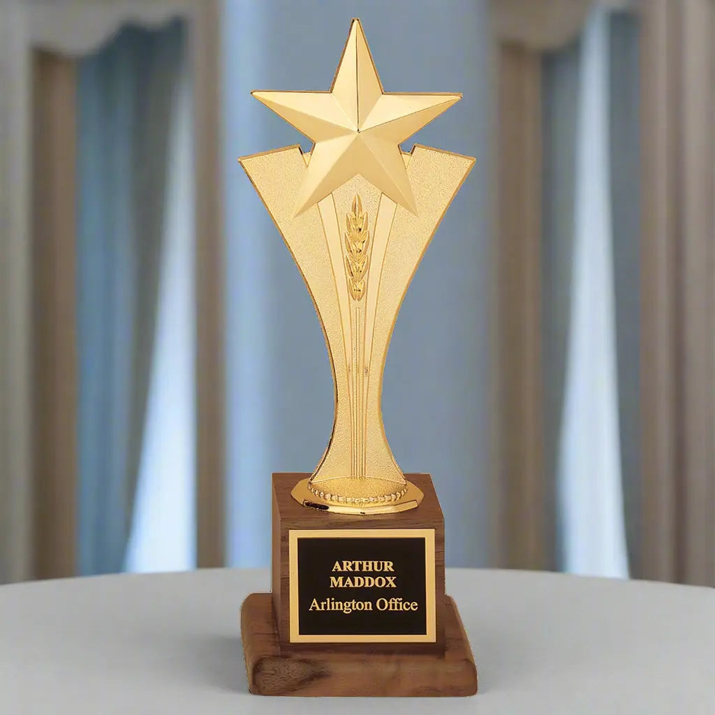 Modern Gold Star Standing Award Trophy, Walnut Finish Base with Black Brass Plate, 10" JDS