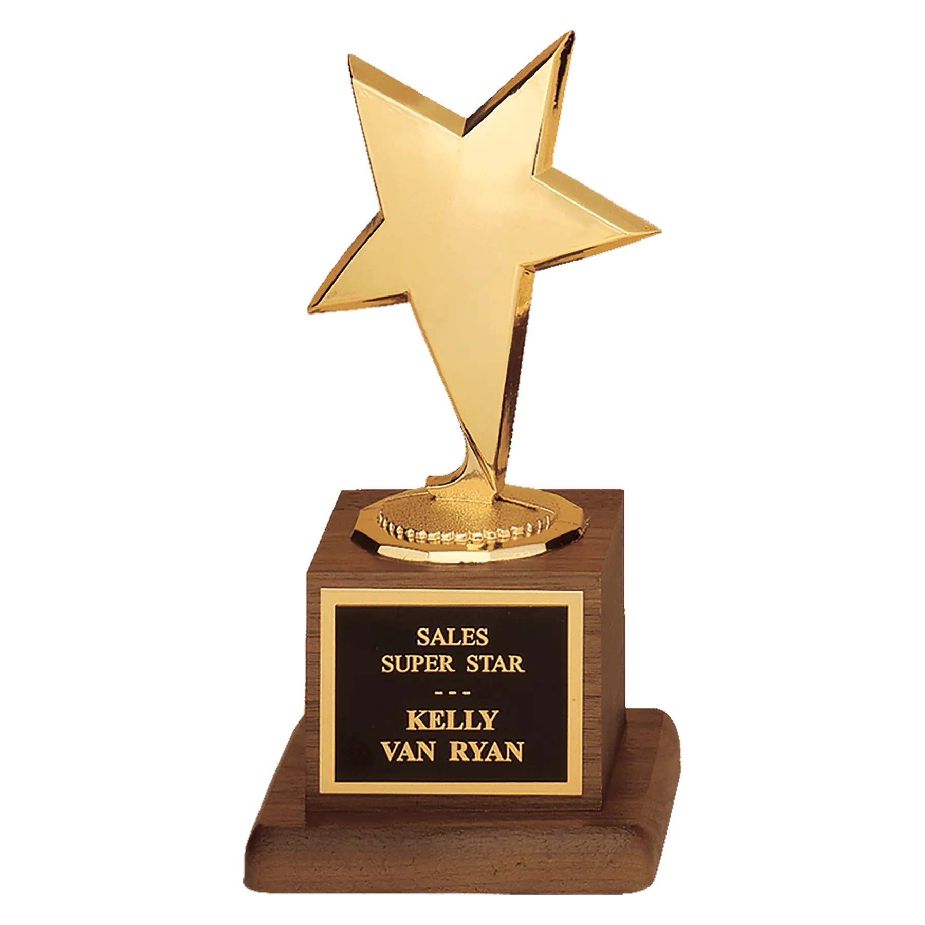 Modern Gold Star Casting Standing Award Trophy, Walnut Finish Base, Black Plate, 6.75" Sams Engraving and Gifts