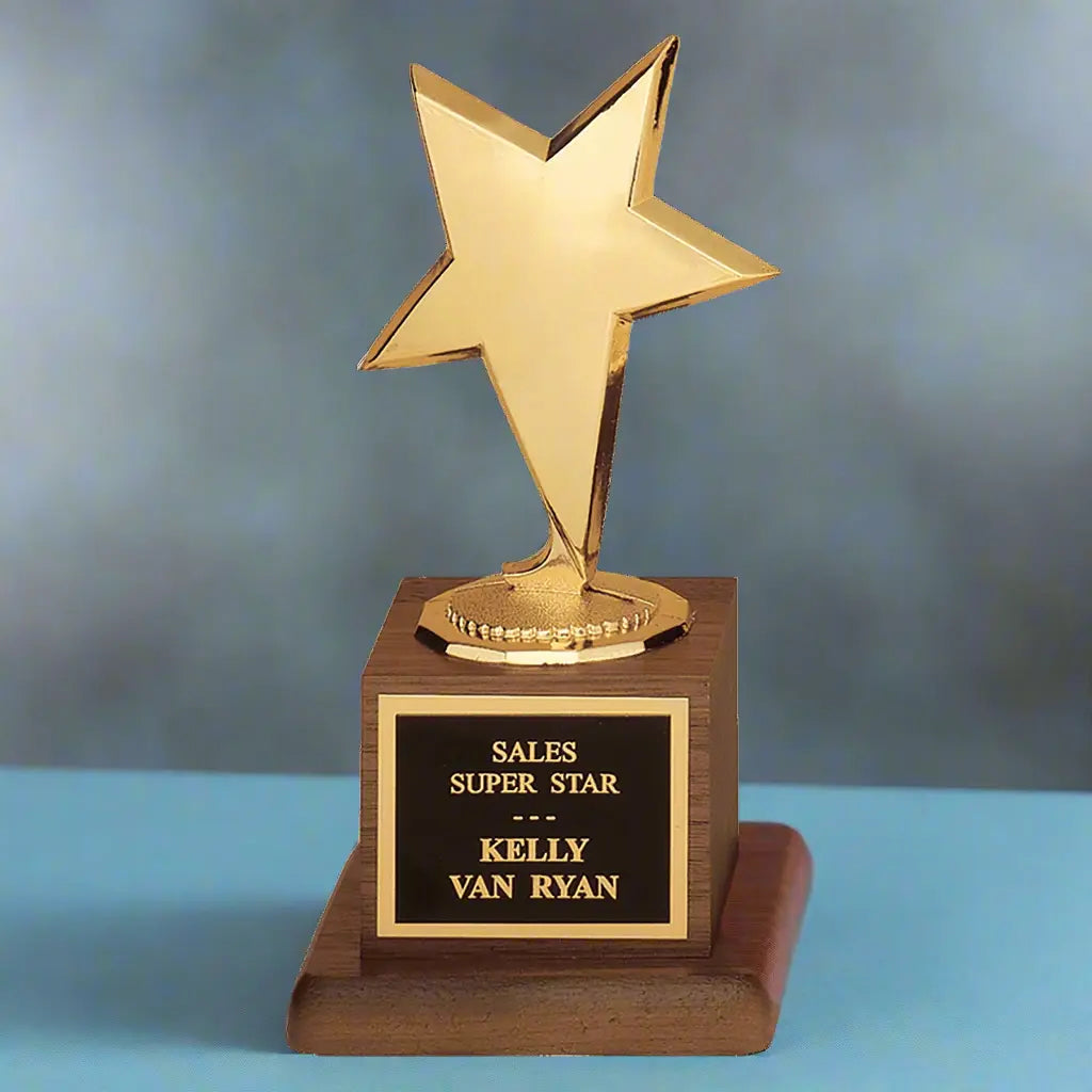 Modern Gold Star Casting Standing Award Trophy, Walnut Finish Base, Black Plate, 6.75" Sams Engraving and Gifts