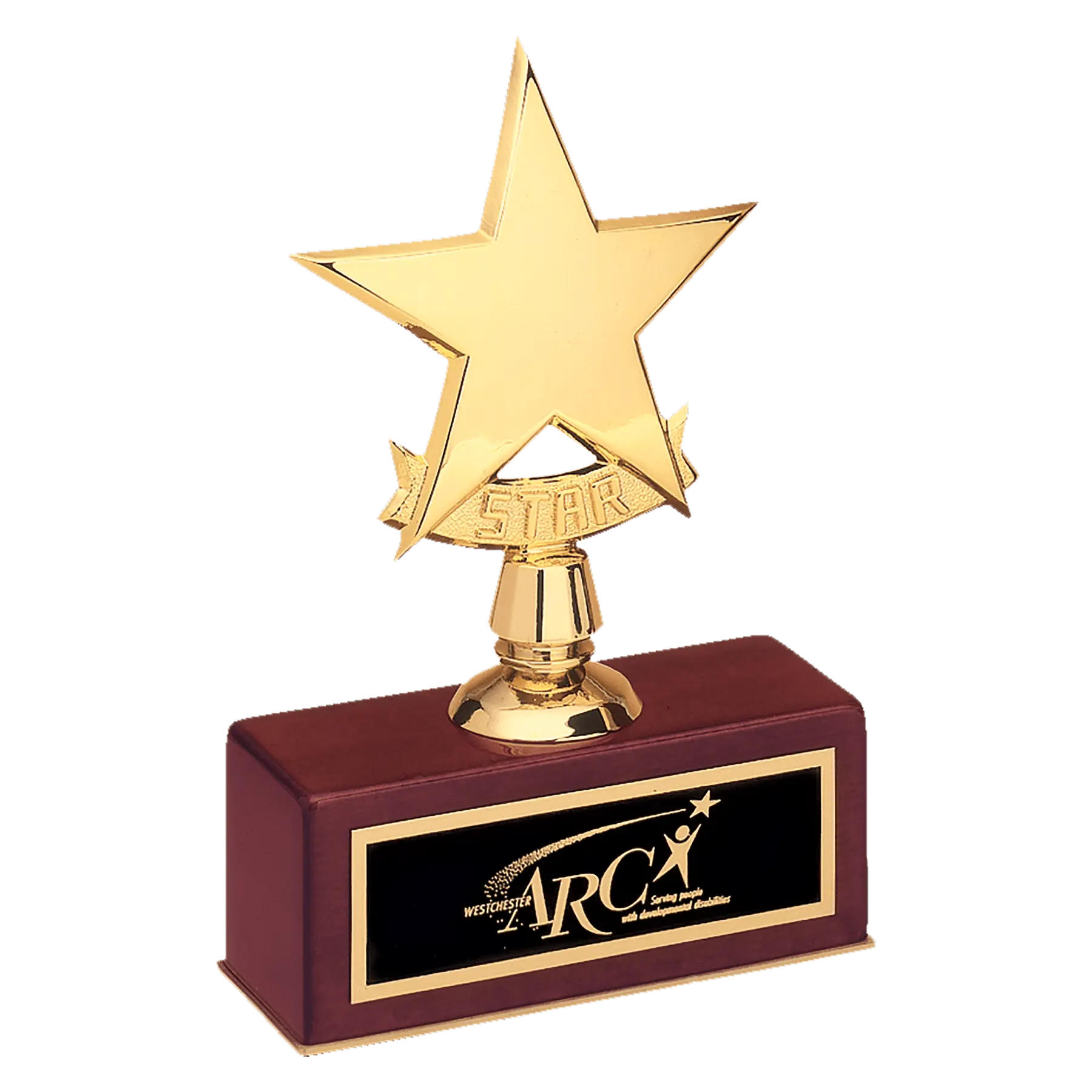 Polished Metal Goldtone Star Standing Award Trophy, Rosewood Piano Finish Base with Engraved Black Brass Plate, 7.5" JDS