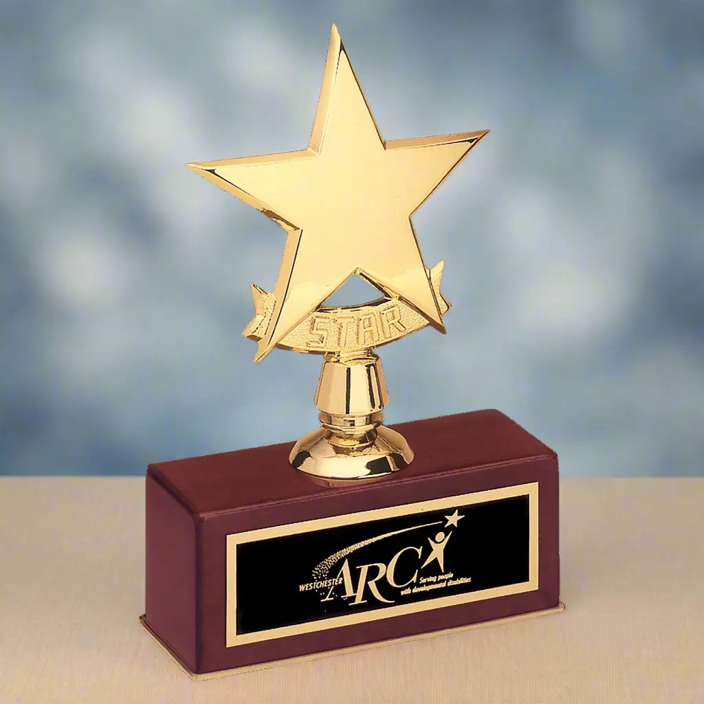 Polished Metal Goldtone Star Standing Award Trophy, Rosewood Piano Finish Base with Engraved Black Brass Plate, 7.5" JDS