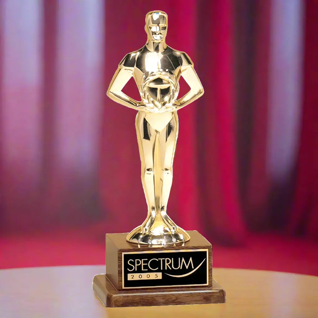 Classic Statue Achiever Figure Trophy Standing Award on Solid Walnut Base, Goldtone Cast Metal, 2 Sizes Available JDS