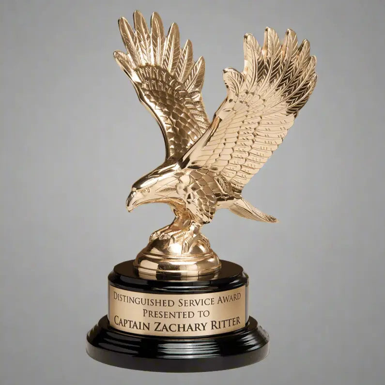 Fully Modeled Gold Finish Metal Eagle Standing Award on Round Black Piano Finish Base, 9" JDS