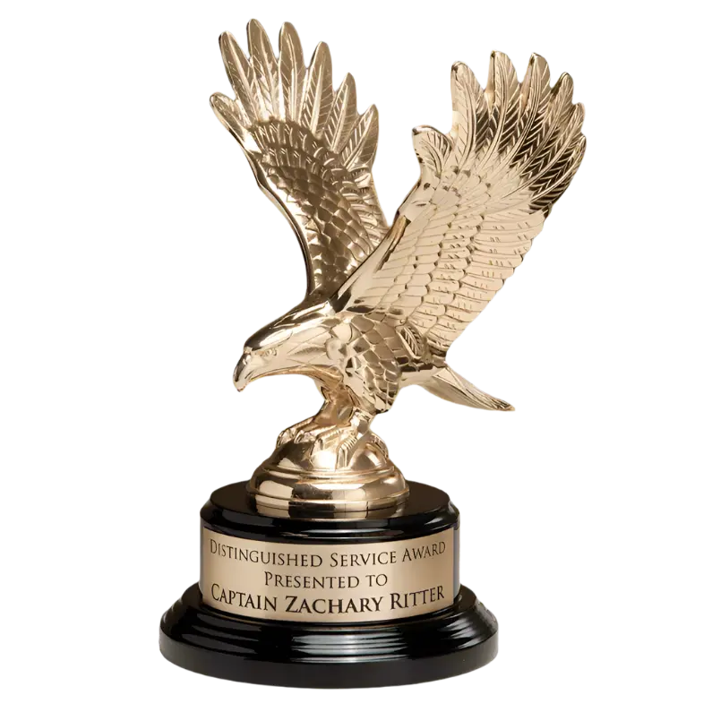 Fully Modeled Gold Finish Metal Eagle Standing Award on Round Black Piano Finish Base, 9" JDS