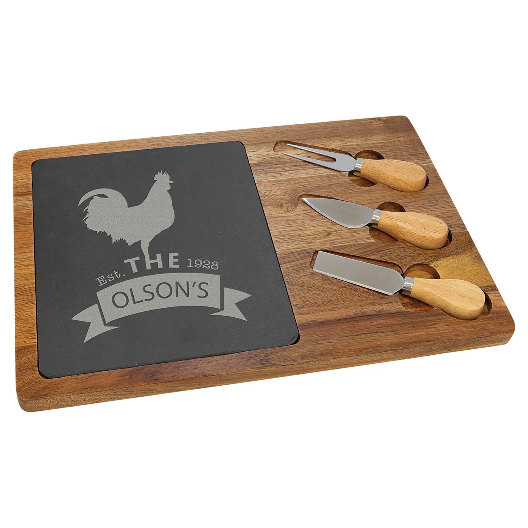 Personalized 4-Piece Cheese Charcuterie Cutting Board Set with Tools, Acacia Wood & Natural Slate, 13.75" x 9.75″ JDS
