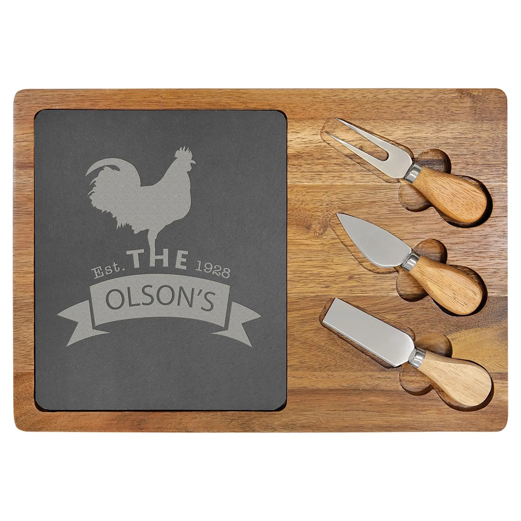 Personalized 4-Piece Cheese Charcuterie Cutting Board Set with Tools, Acacia Wood & Natural Slate, 13.75" x 9.75″ JDS