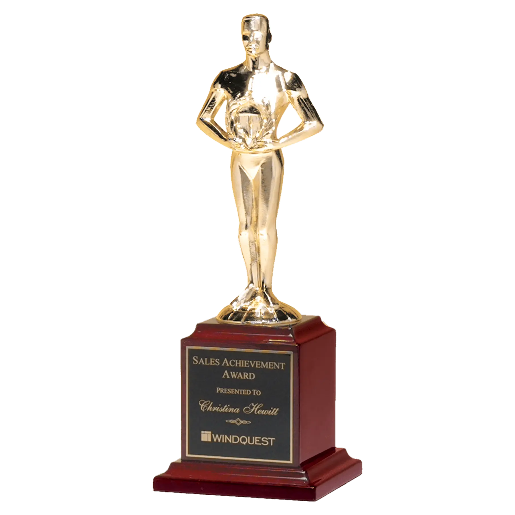 Classic Statue Achiever Figure Trophy Standing Award on Rosewood Piano Finish Base, Goldtone Cast Metal, 2 Sizes Available JDS