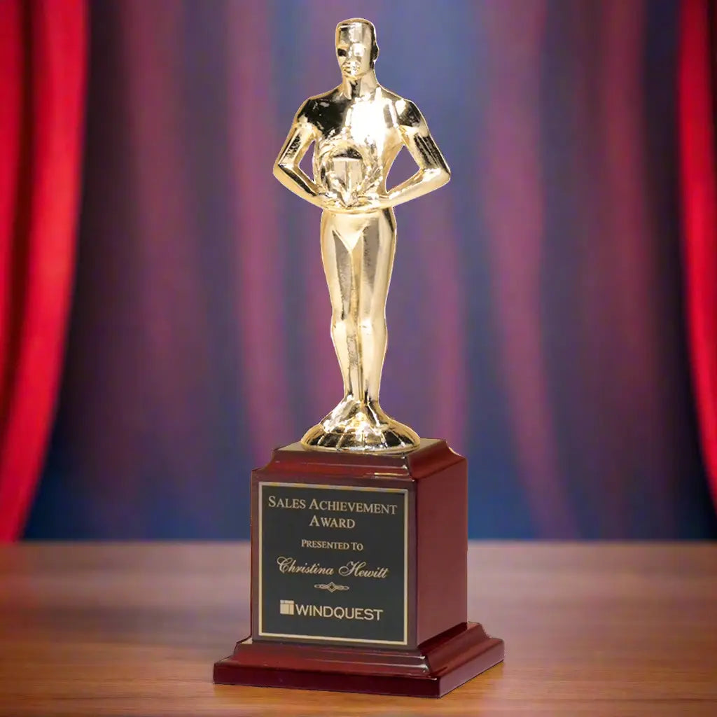 Classic Statue Achiever Figure Trophy Standing Award on Rosewood Piano Finish Base, Goldtone Cast Metal, 2 Sizes Available JDS