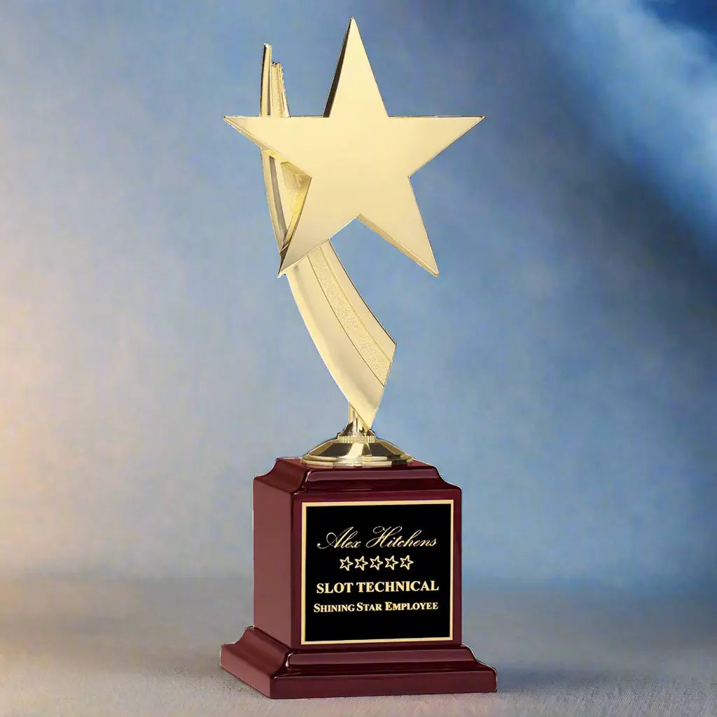 Gold Star Casting Standing Award Trophy, Rosewood Piano Finish Base, Black Plate, 13" Sams Engraving and Gifts