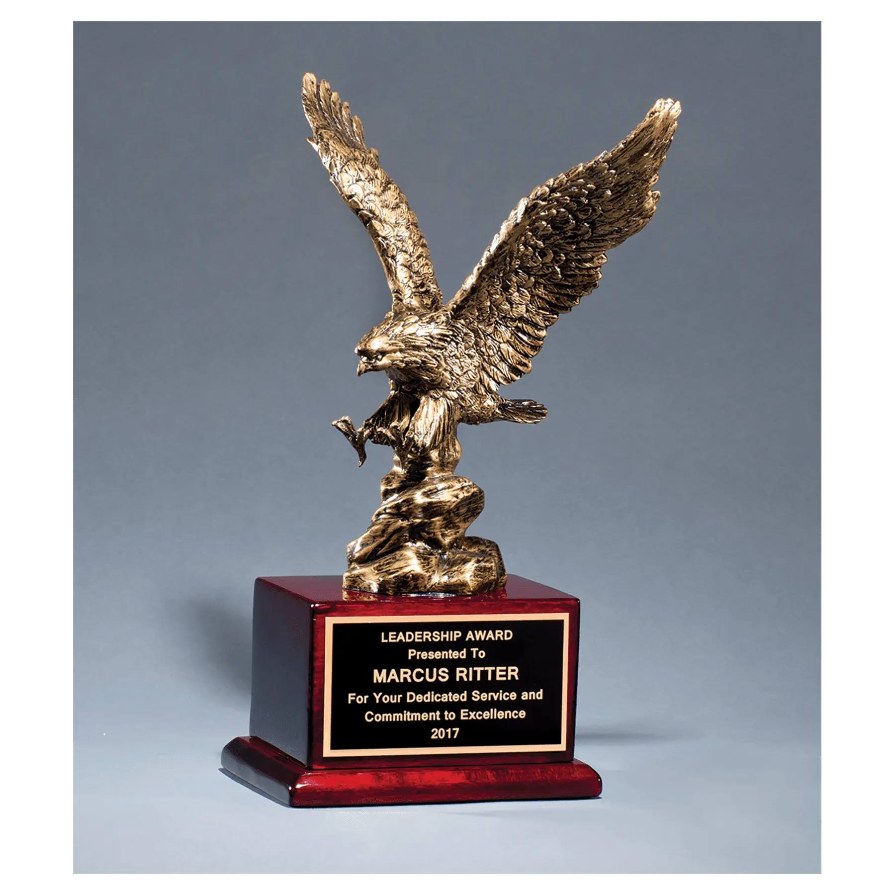 Sculptured Bronze Eagle Standing Award on Rosewood Piano Finish Base, 15" Tall JDS