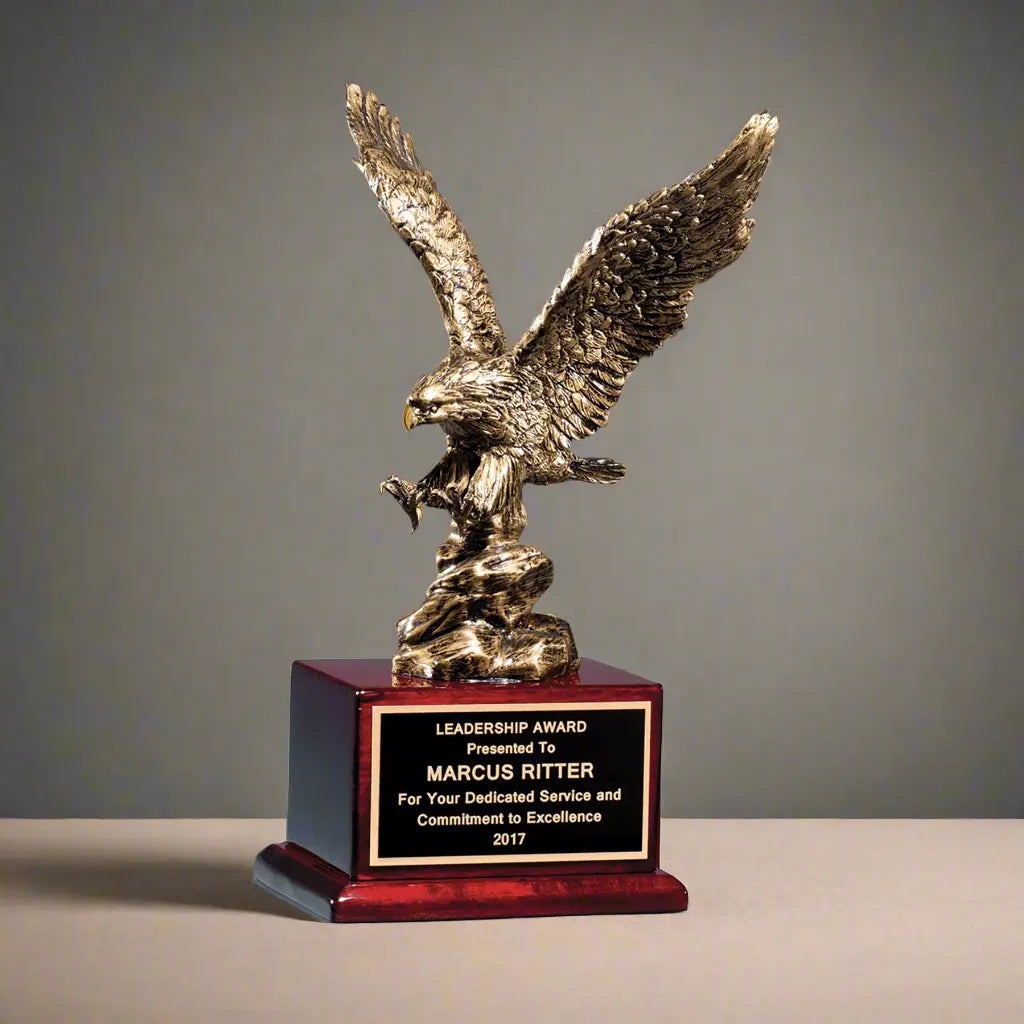 Sculptured Bronze Eagle Standing Award on Rosewood Piano Finish Base, 15" Tall JDS