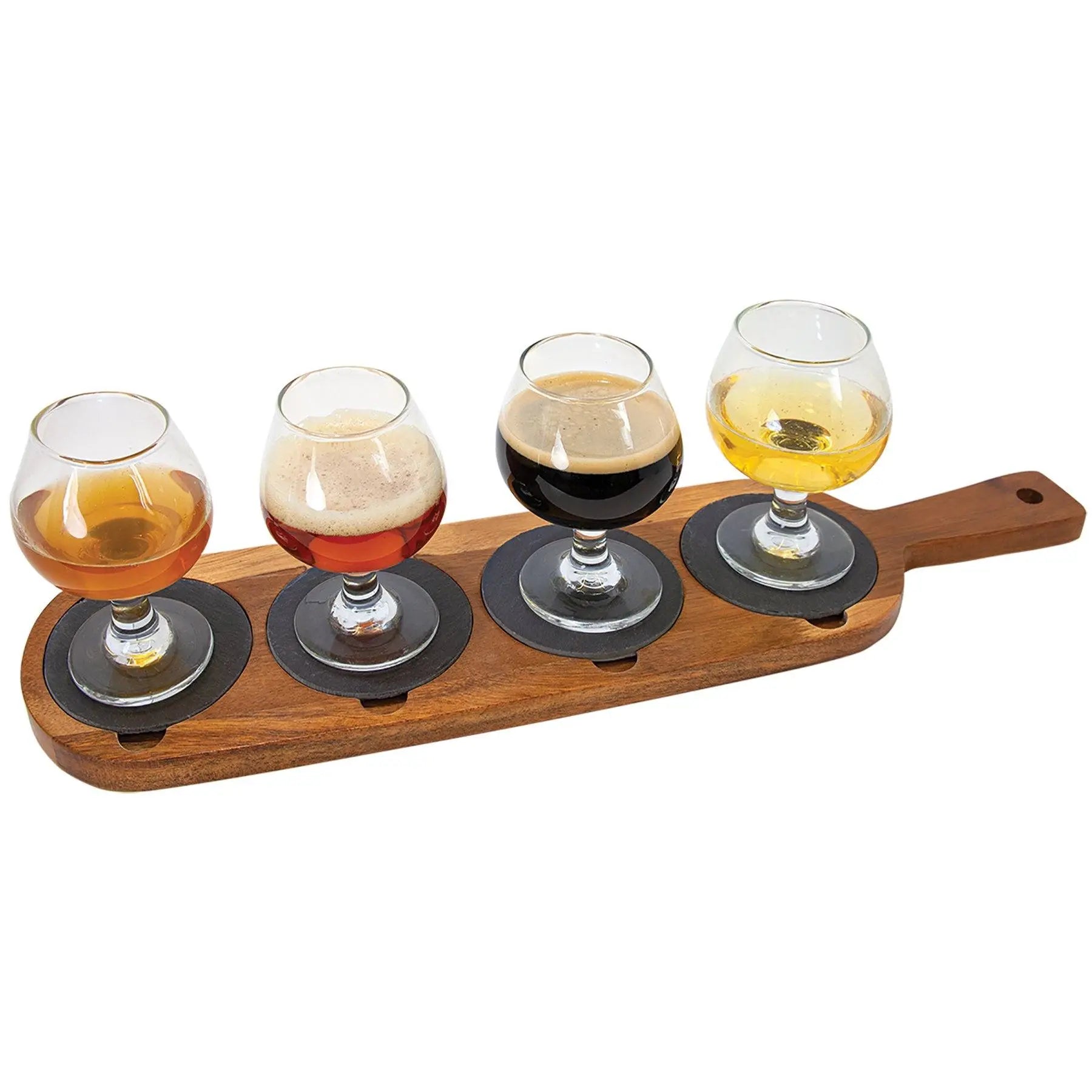 Personalized 4-Piece Serving Flight Board with Handle and Removable Slate Coasters, Acacia Wood JDS