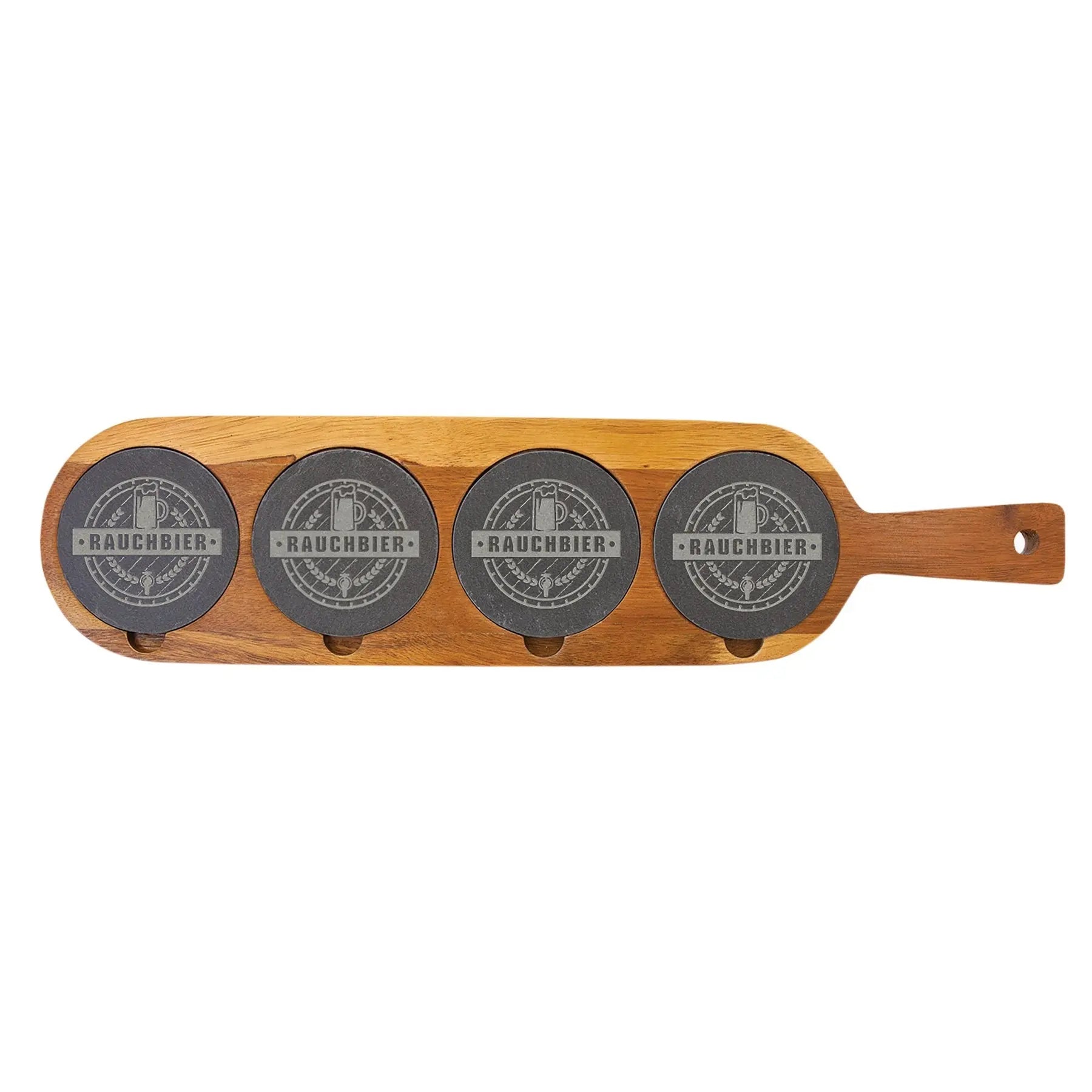 Personalized 4-Piece Serving Flight Board with Handle and Removable Slate Coasters, Acacia Wood JDS