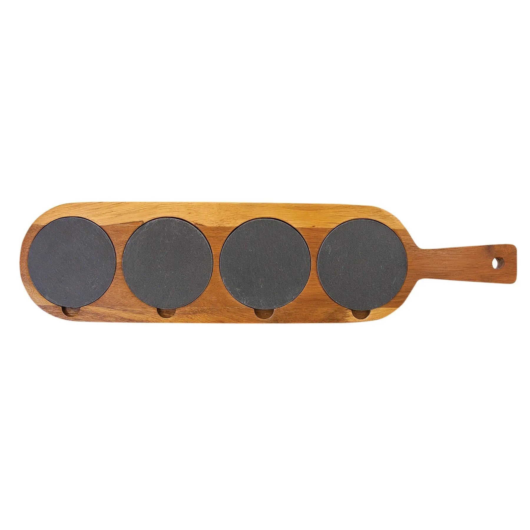 Personalized 4-Piece Serving Flight Board with Handle and Removable Slate Coasters, Acacia Wood JDS