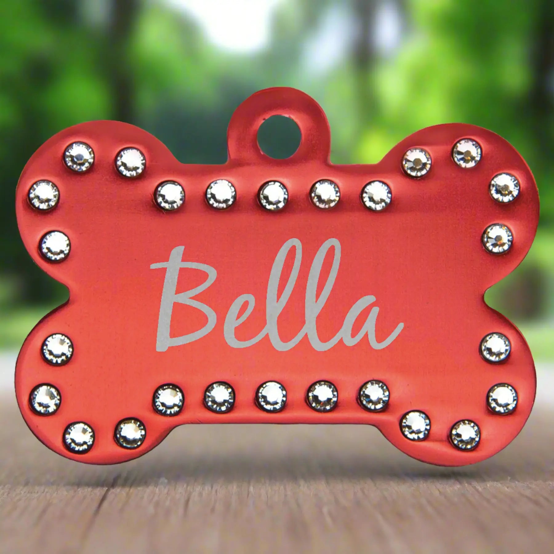 Personalized Swarovski Crystal Bling Bone Shape Pet Name Tag, Double-Sided, Anodized Aluminum, 1.5" x 1", 5 Colors JDS