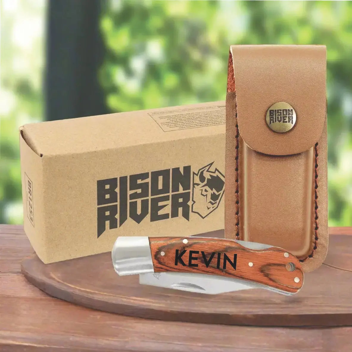 Personalized 4" Bison River Wood Folding Pocket Knife with Leather Sheath | Custom Engraved Gift Sams Engraving and Gifts
