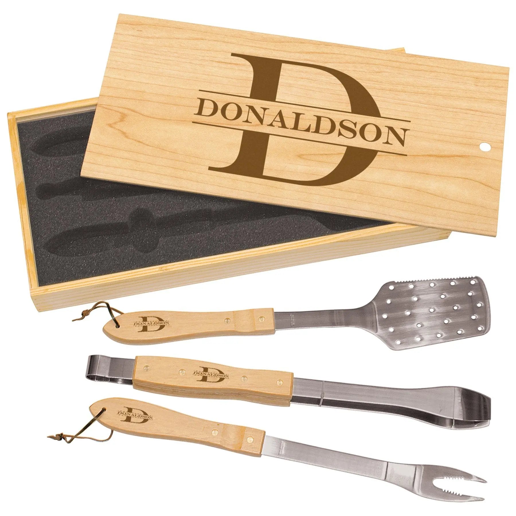 Custom Engraved BBQ Tool Set – 3-Piece Stainless Steel Grilling Utensils in Personalized Wooden Gift Box (20") JDS