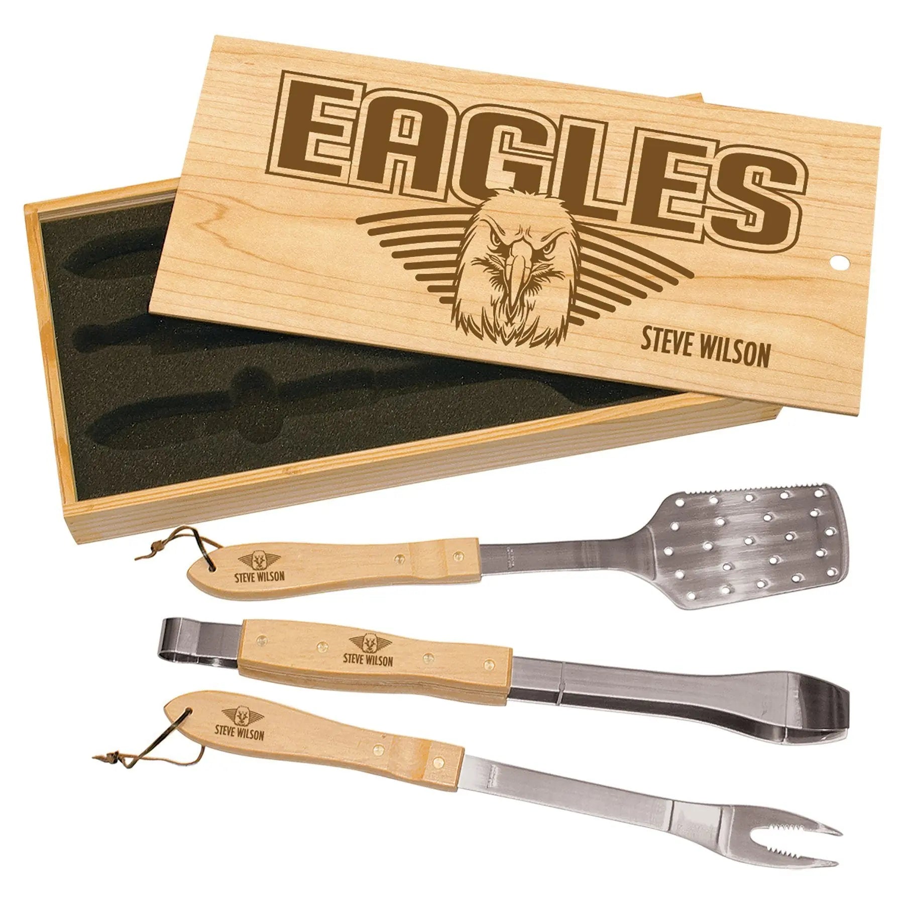 Custom Engraved BBQ Tool Set – 3-Piece Stainless Steel Grilling Utensils in Personalized Wooden Gift Box (20") JDS