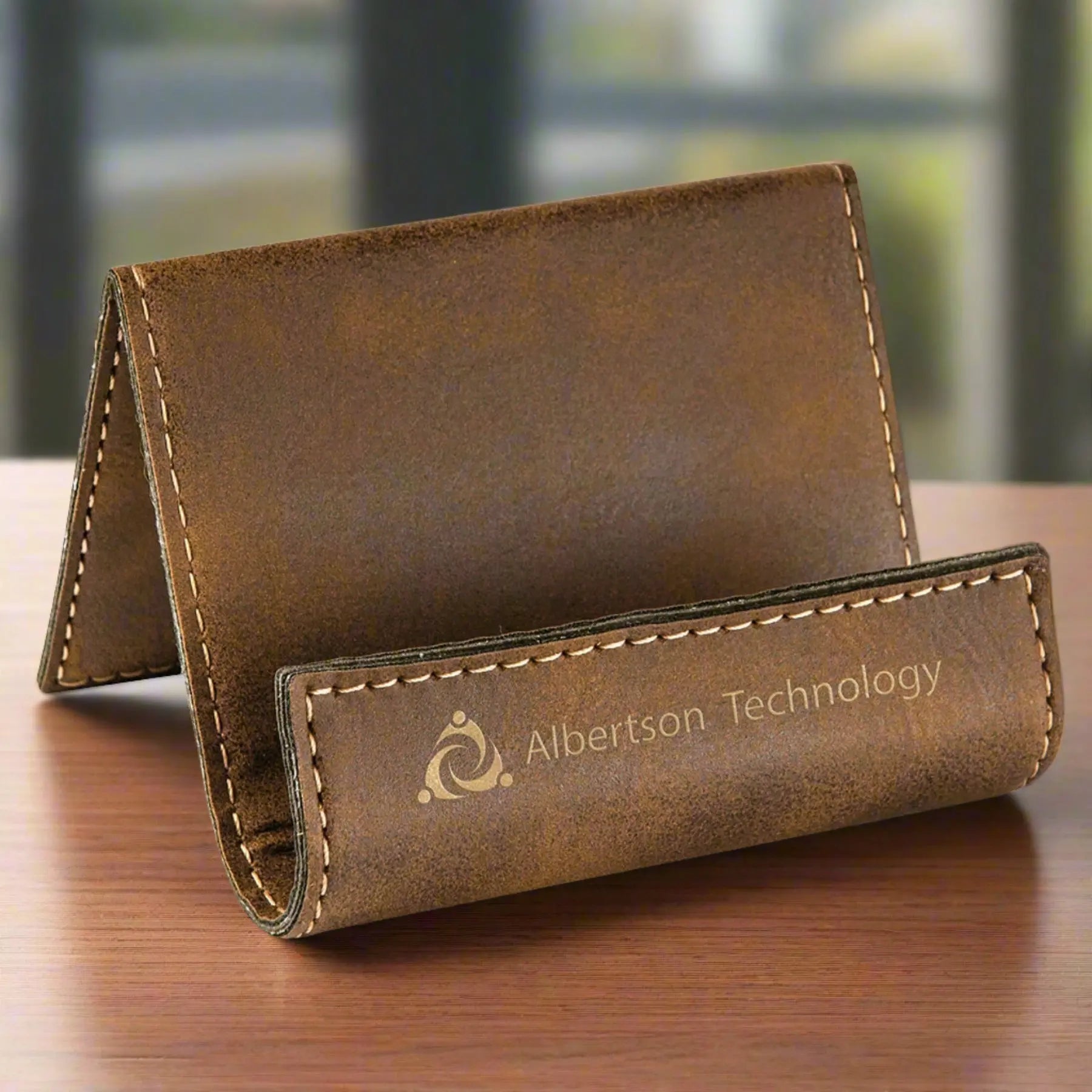 Custom Engraved Executive Leatherette Business Card Holder Stand – 3.5" x 2.5" JDS