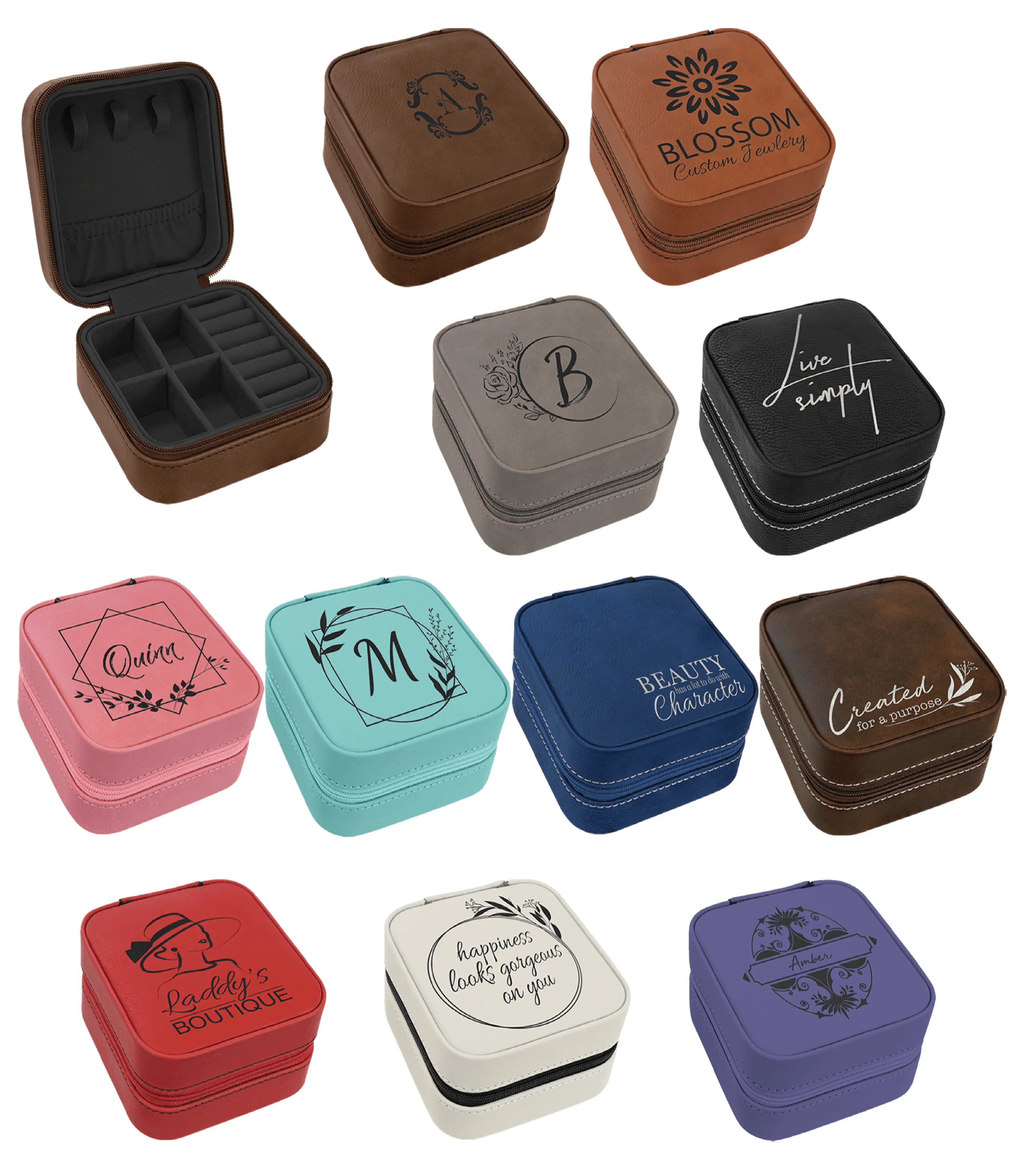 Personalized Travel Jewelry Box with Zipper Closure, Leatherette, 4"x 4″, 11 colors JDS