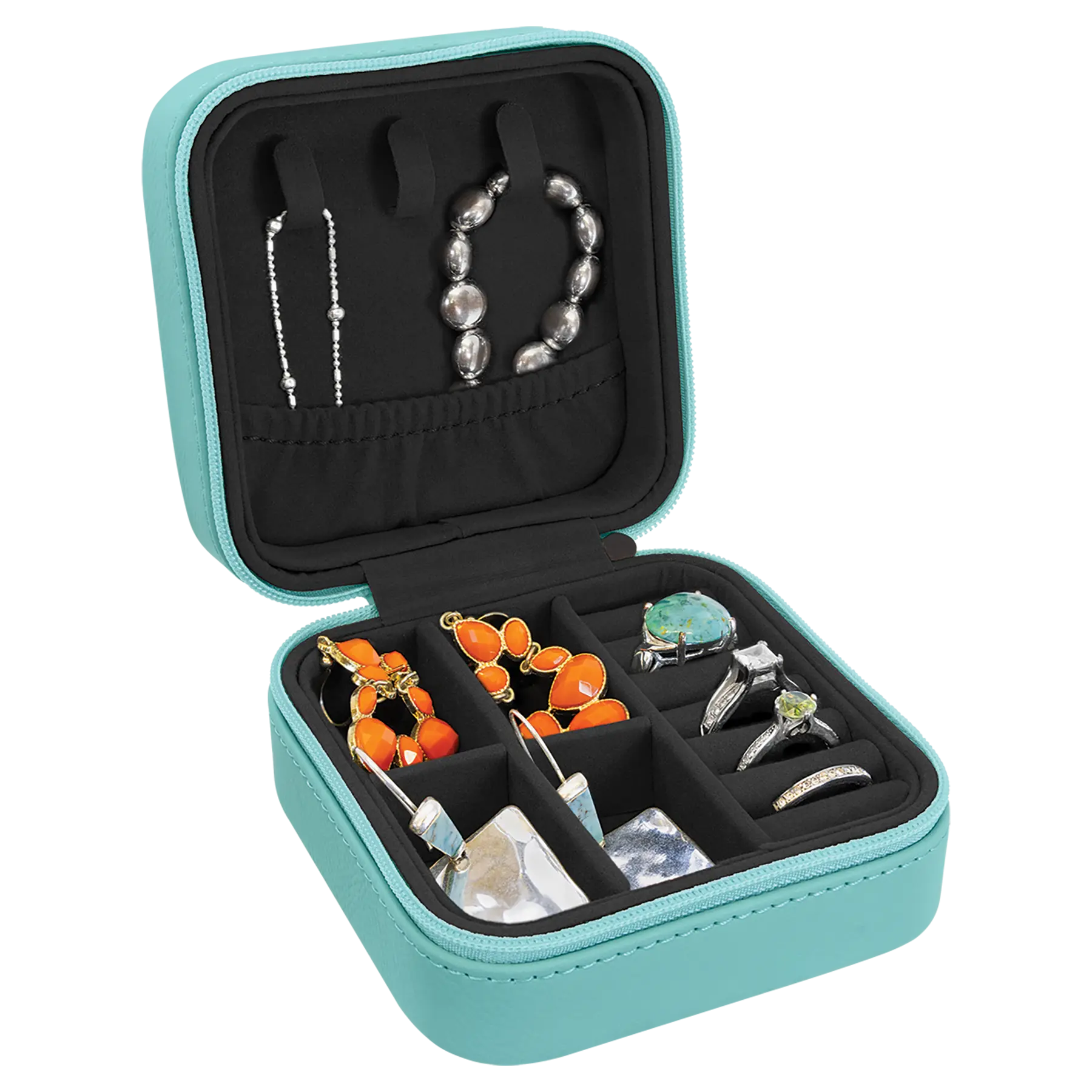 Personalized Travel Jewelry Box with Zipper Closure, Leatherette, 4"x 4″, 11 colors JDS