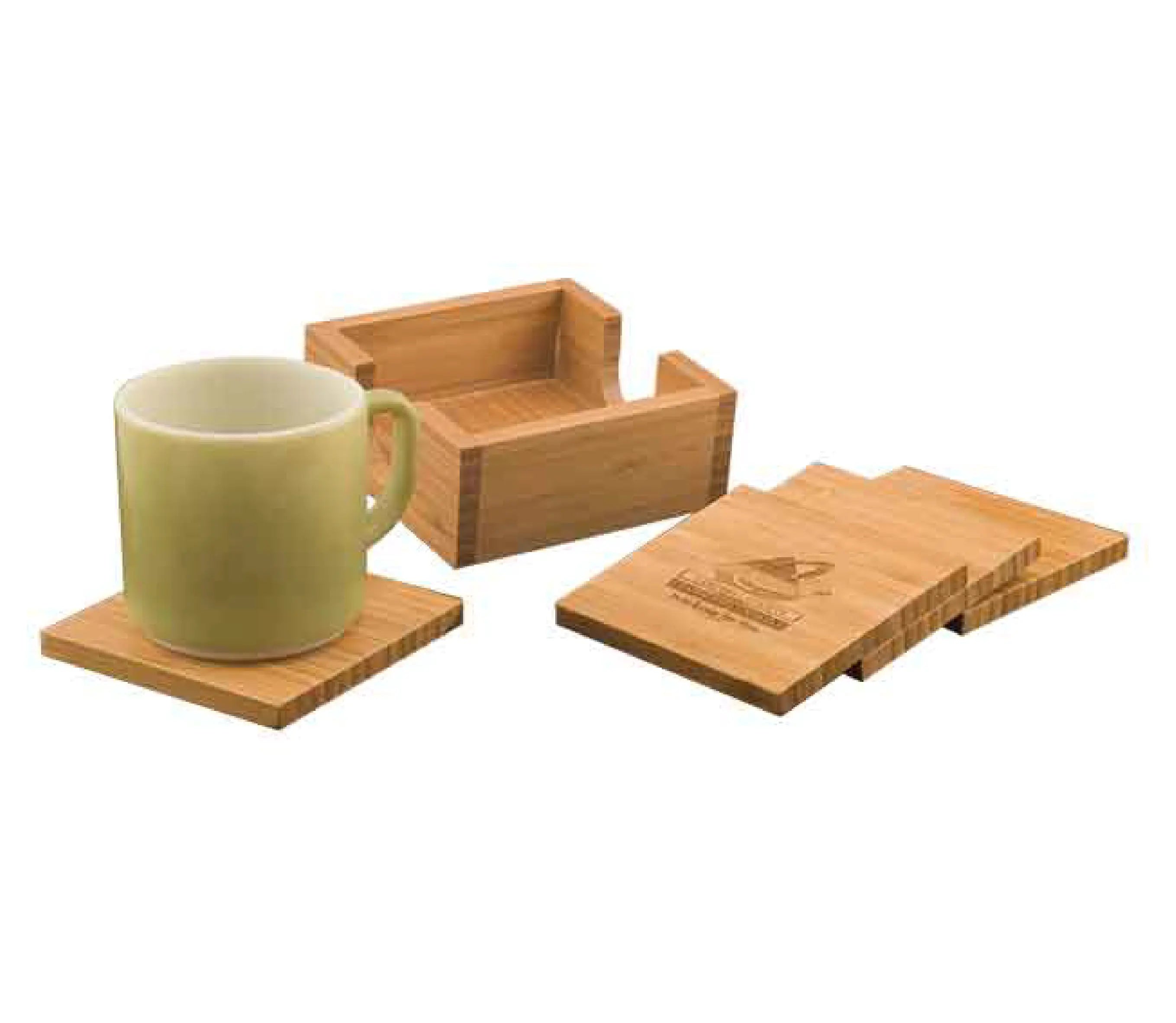 Personalized Bamboo Square 4-Coaster Set with Holder Caddy, 4" x 4" JDS