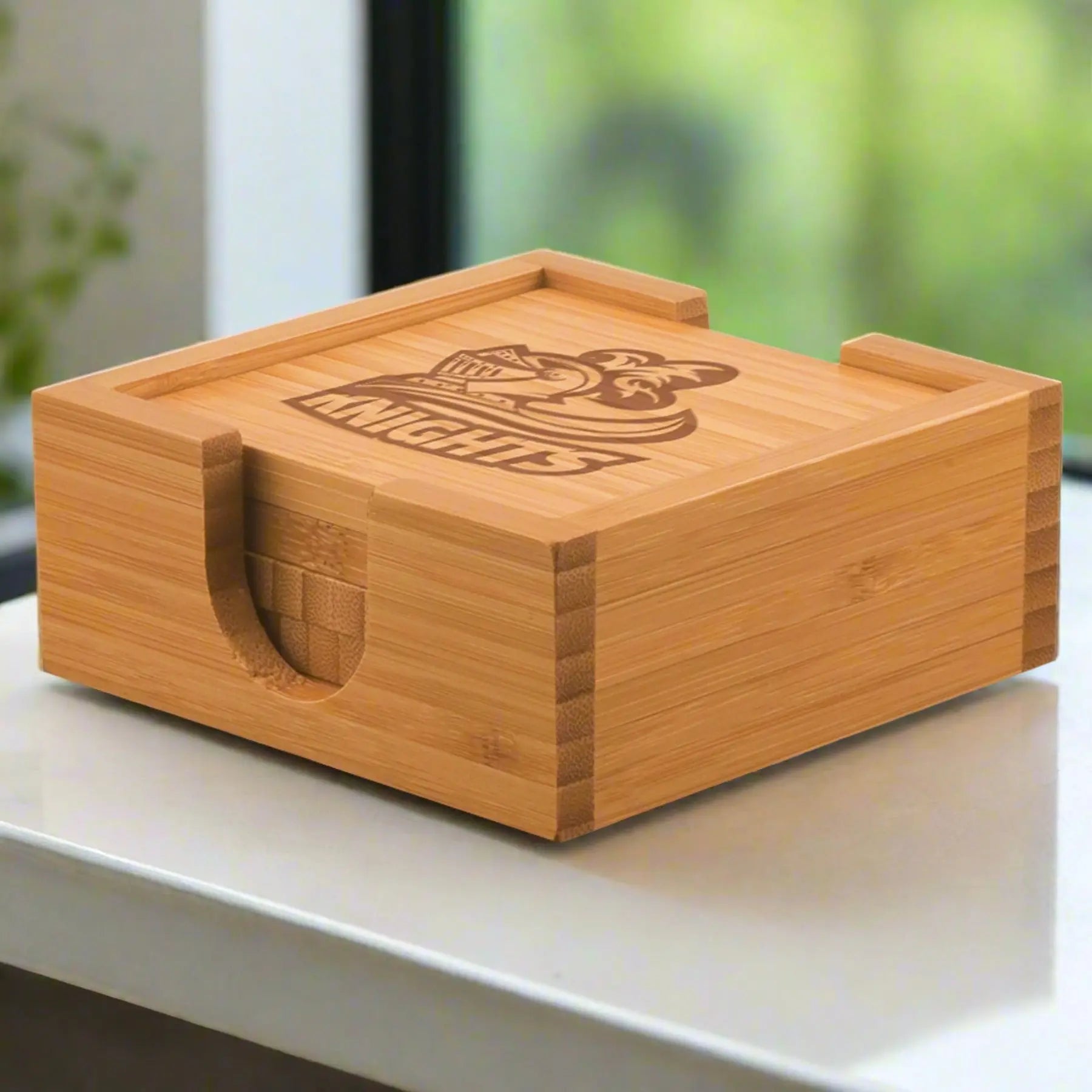 Personalized Bamboo Square 4-Coaster Set with Holder Caddy, 4" x 4" JDS