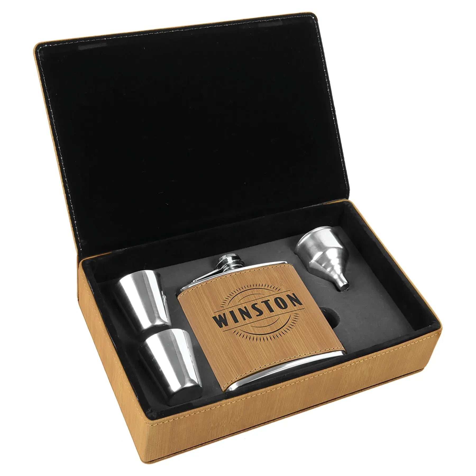 Personalized 4-Piece Leatherette Flask Gift Set, 6 Oz Flask, 2 Shot Glasses and Funnel in Gift Box, 4 Colors JDS