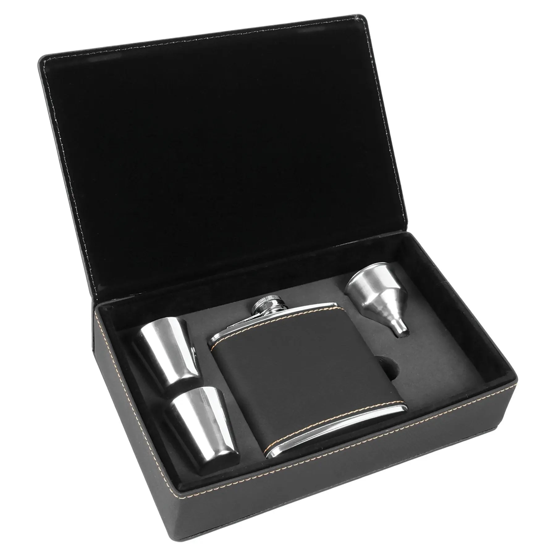 Personalized 4-Piece Leatherette Flask Gift Set, 6 Oz Flask, 2 Shot Glasses and Funnel in Gift Box, 4 Colors JDS