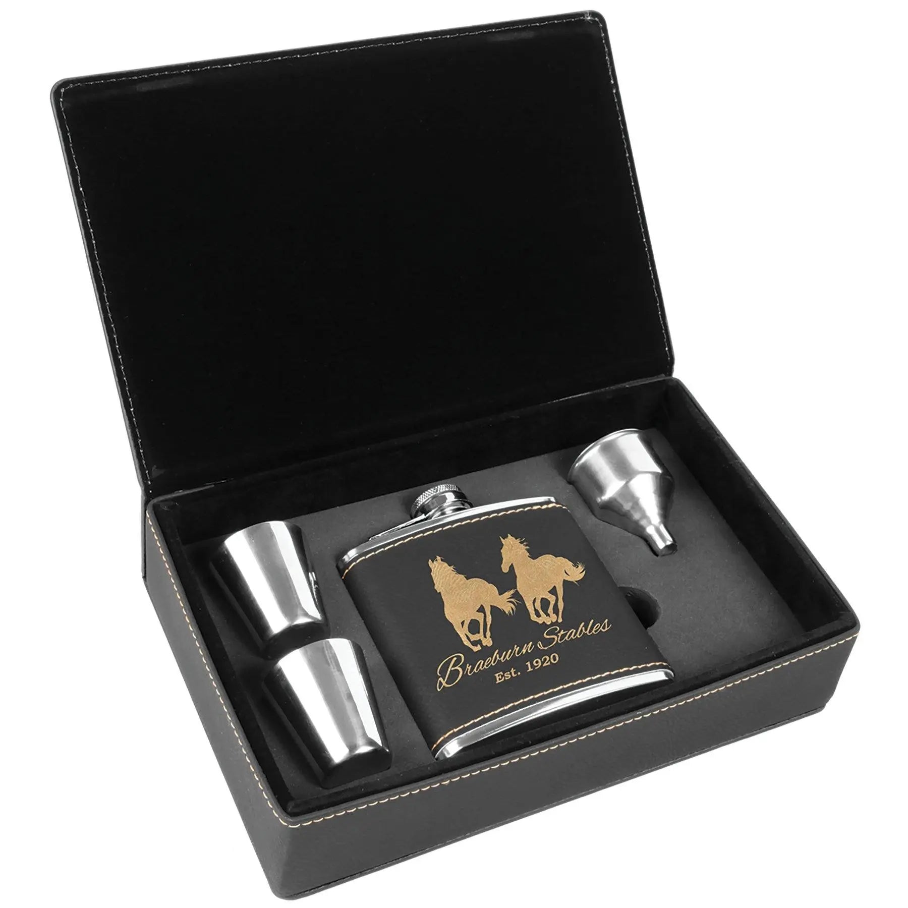 Personalized 4-Piece Leatherette Flask Gift Set, 6 Oz Flask, 2 Shot Glasses and Funnel in Gift Box, 4 Colors JDS