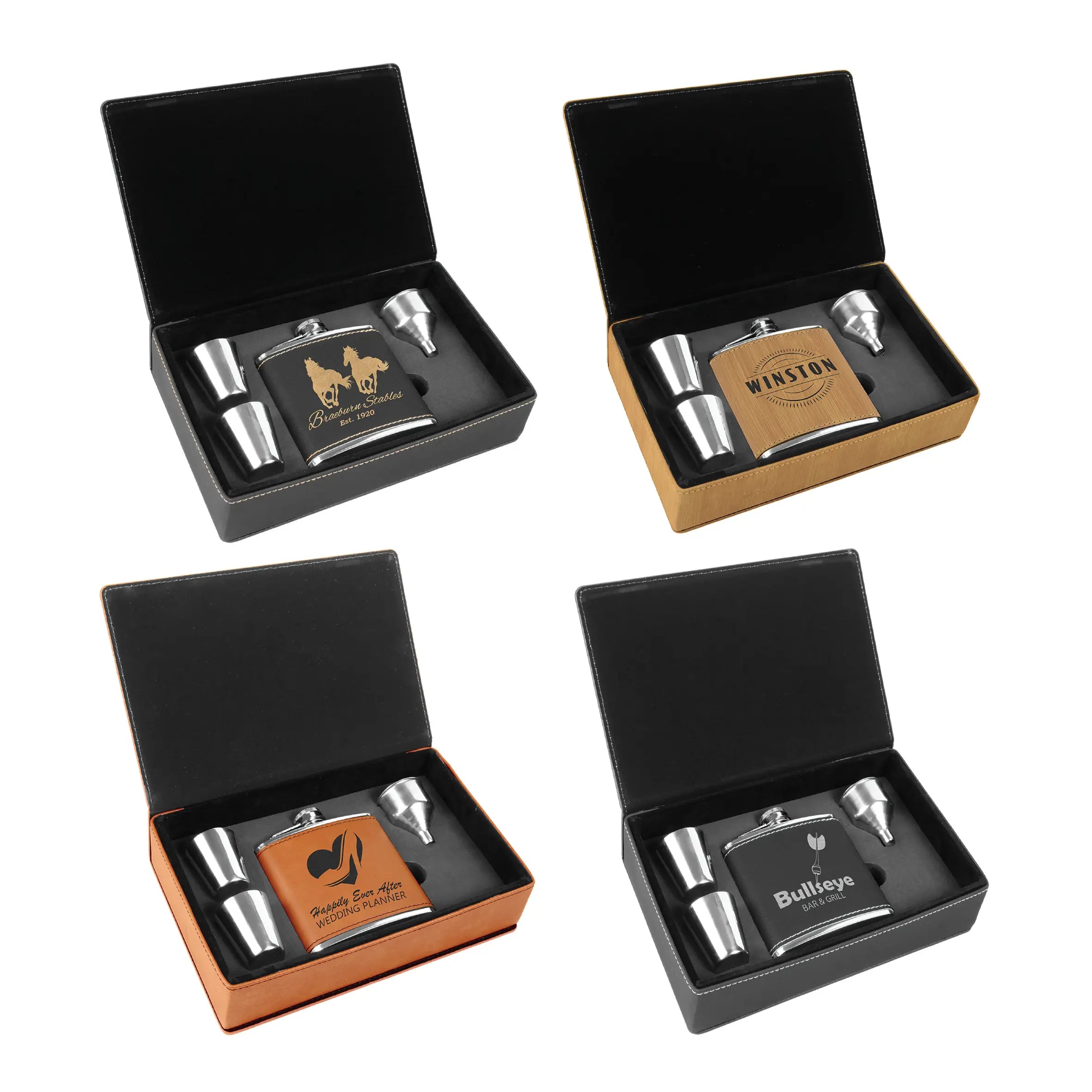 Personalized 4-Piece Leatherette Flask Gift Set, 6 Oz Flask, 2 Shot Glasses and Funnel in Gift Box, 4 Colors JDS