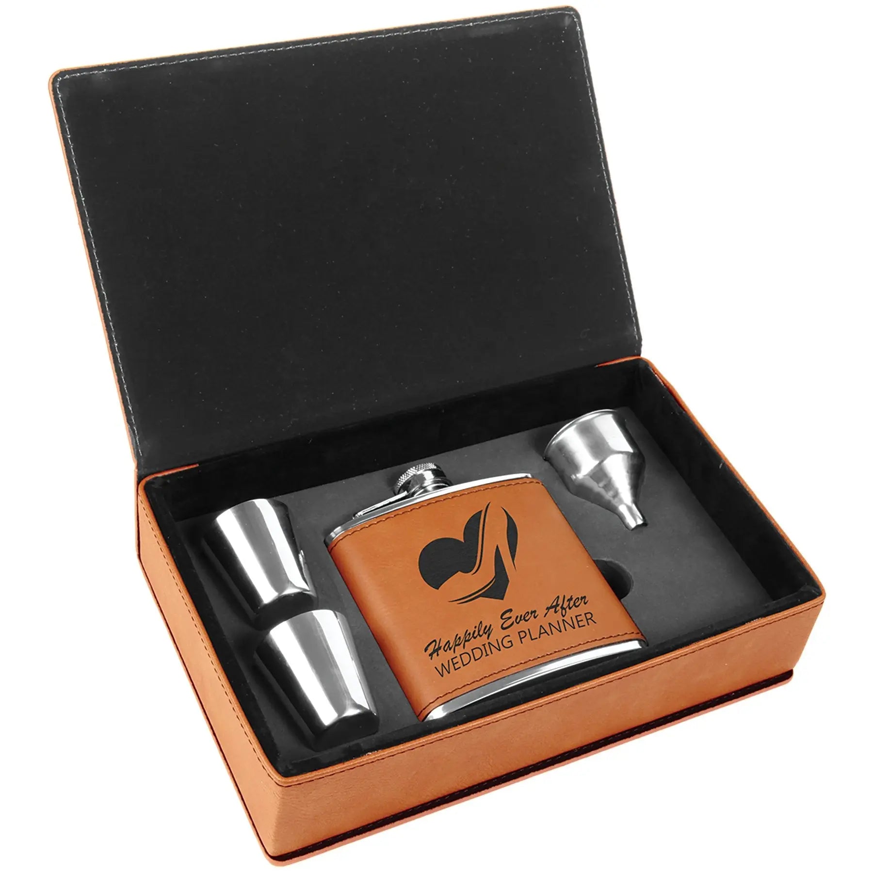 Personalized 4-Piece Leatherette Flask Gift Set, 6 Oz Flask, 2 Shot Glasses and Funnel in Gift Box, 4 Colors JDS
