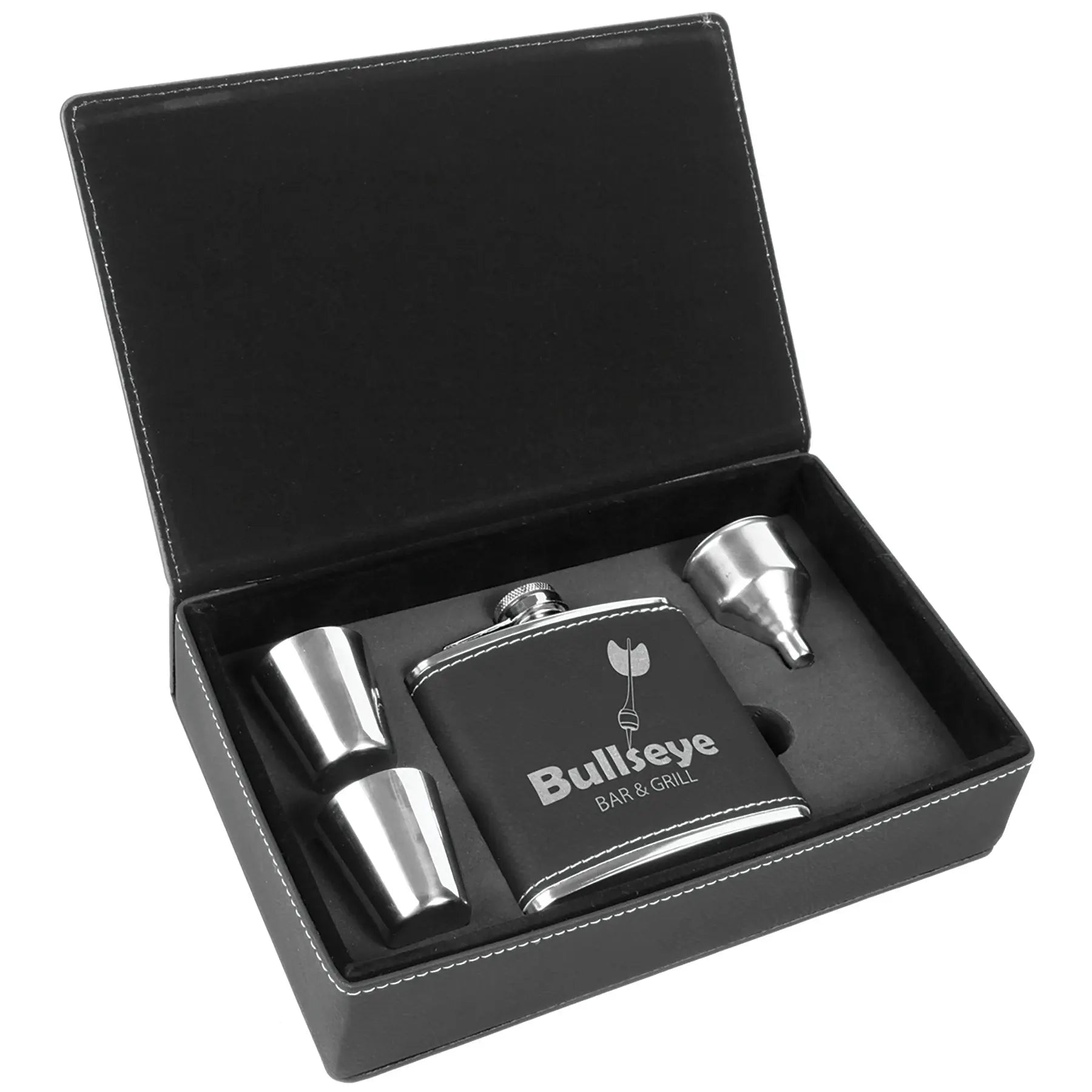 Personalized 4-Piece Leatherette Flask Gift Set, 6 Oz Flask, 2 Shot Glasses and Funnel in Gift Box, 4 Colors JDS