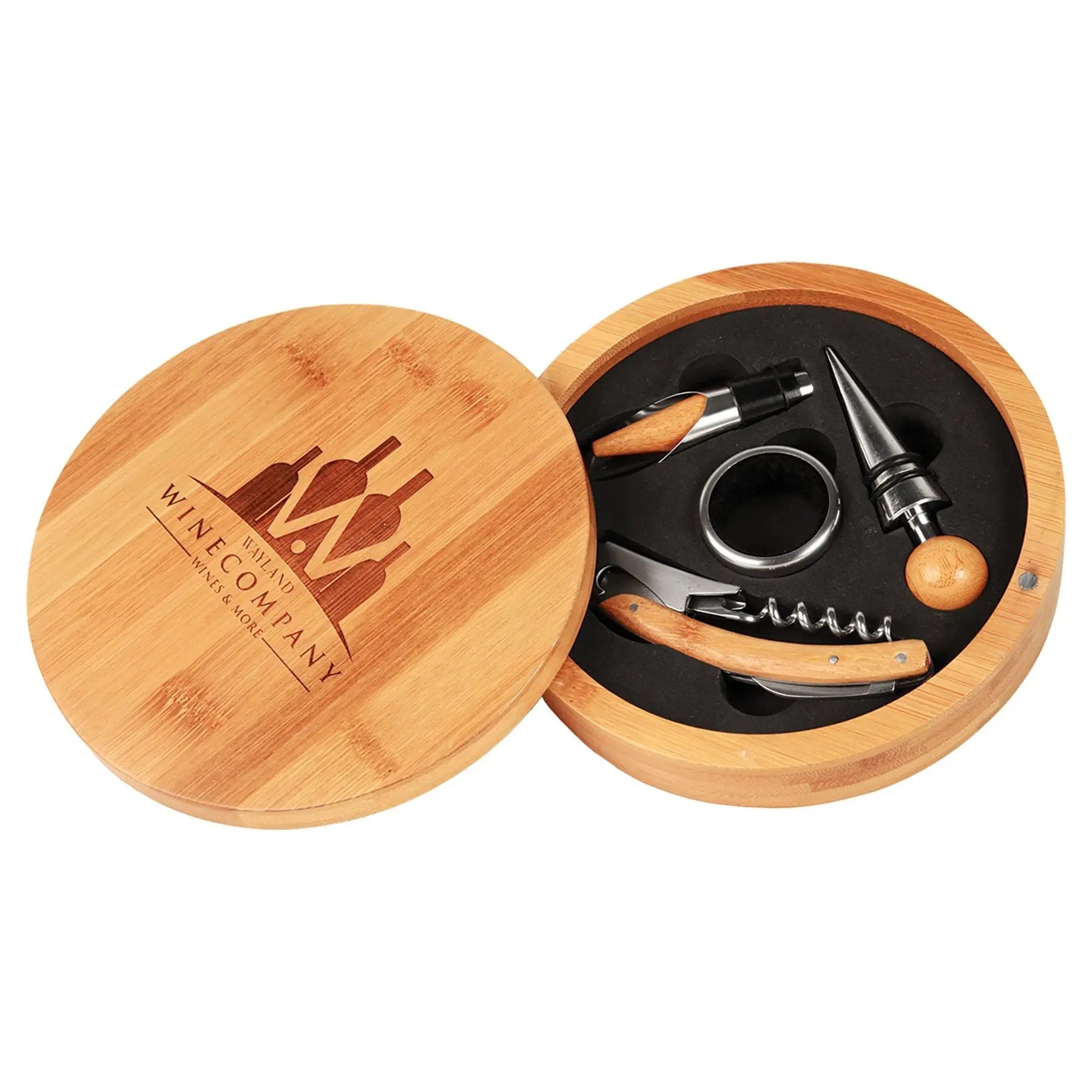 Personalized Round 4-Piece Wine Tool Gift Set, Bamboo Wood JDS