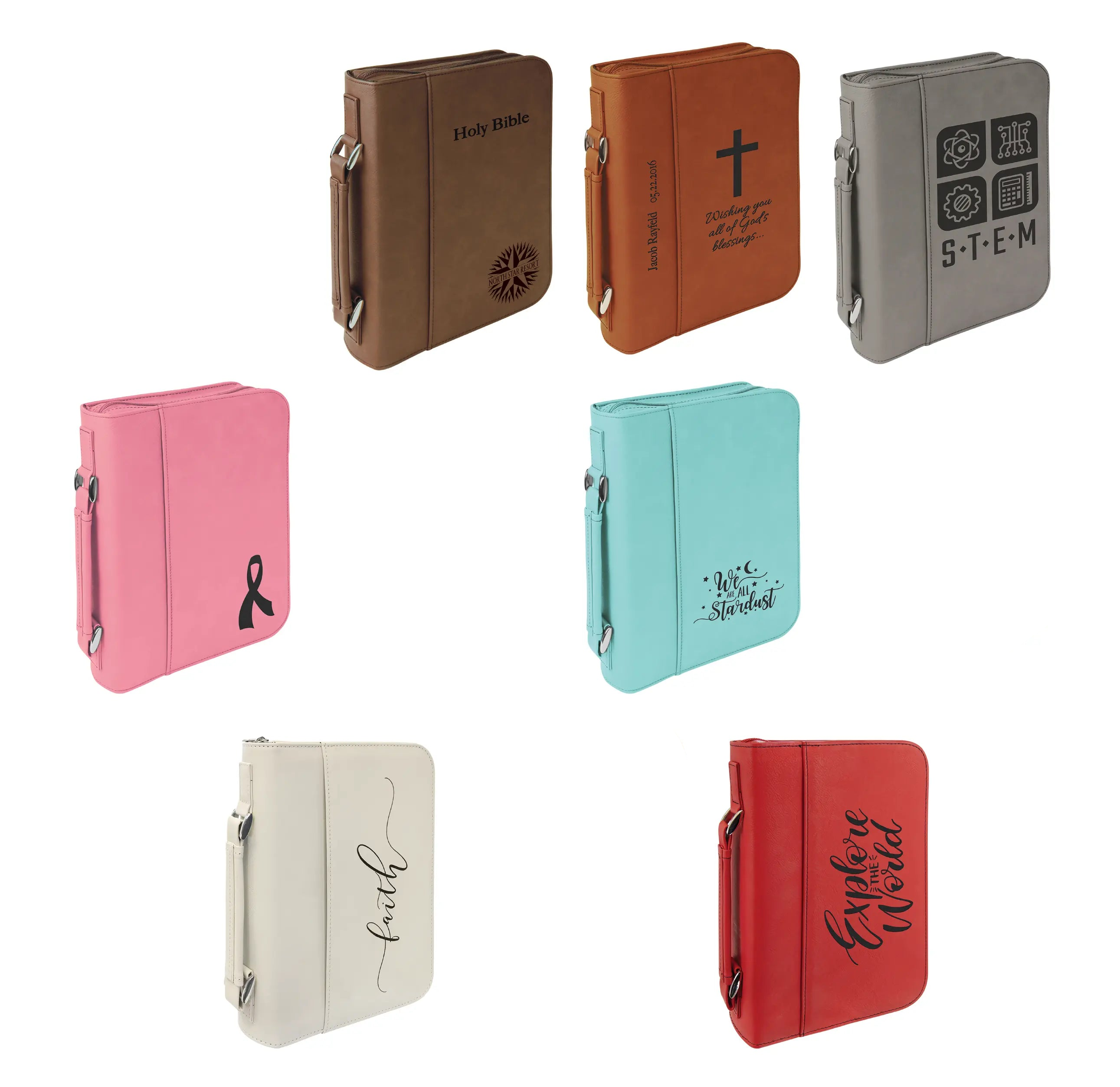 Personalized Bible/Book Cover with Pocket, Handle and Zipper, Leatherette, 7.5” x 10.75”, 11 Colors JDS