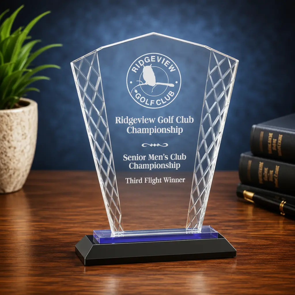 Personalized Fan Accent Glass Award with Black or Blue Base – Custom Engraved Recognition Award Sams Engraving and Gifts