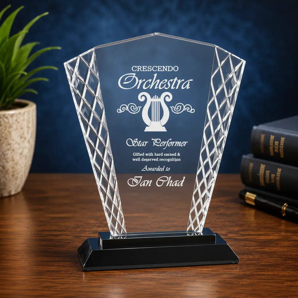 Personalized Fan Accent Glass Award with Black or Blue Base – Custom Engraved Recognition Award Sams Engraving and Gifts