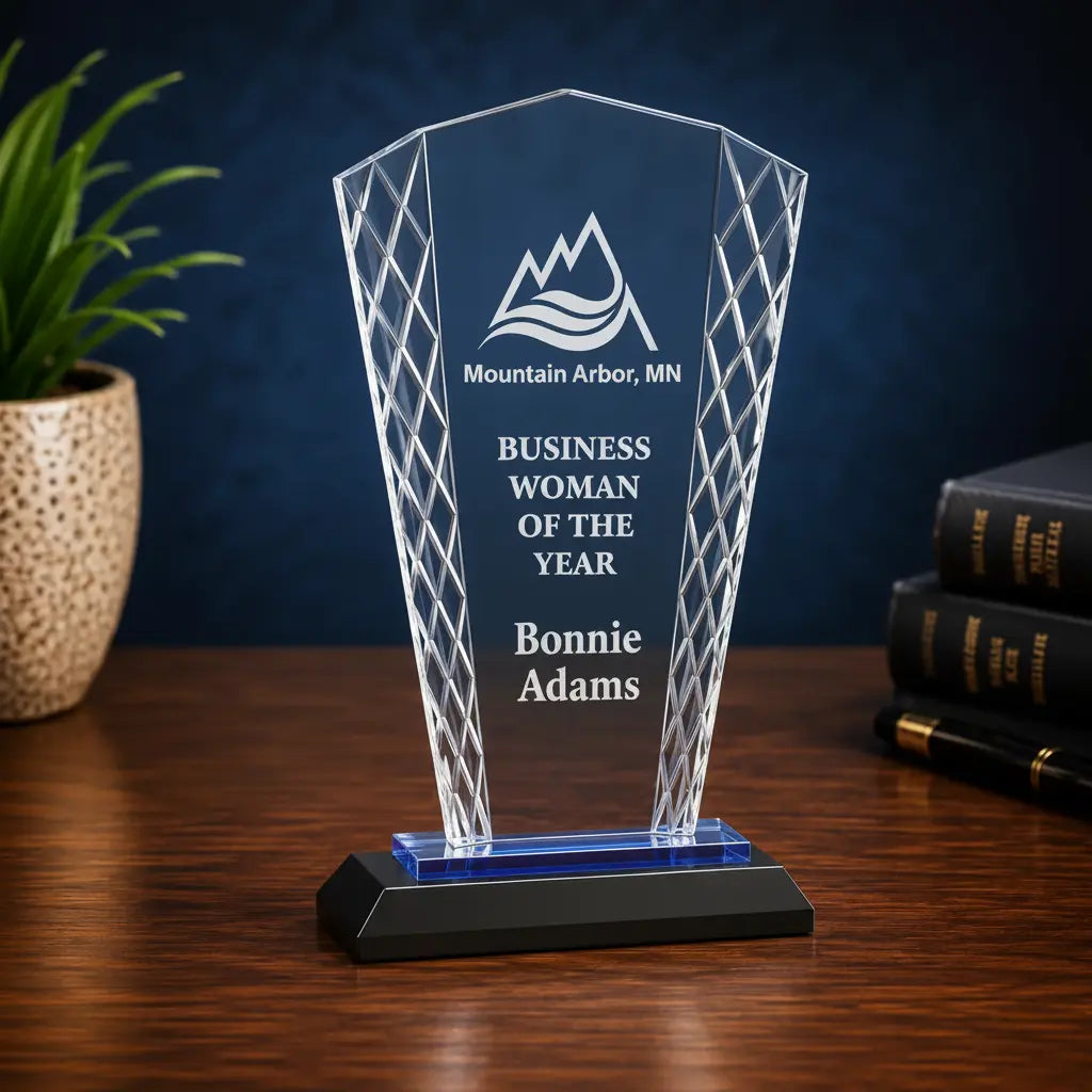 Personalized Fan Accent Glass Award with Black or Blue Base – Custom Engraved Recognition Award Sams Engraving and Gifts
