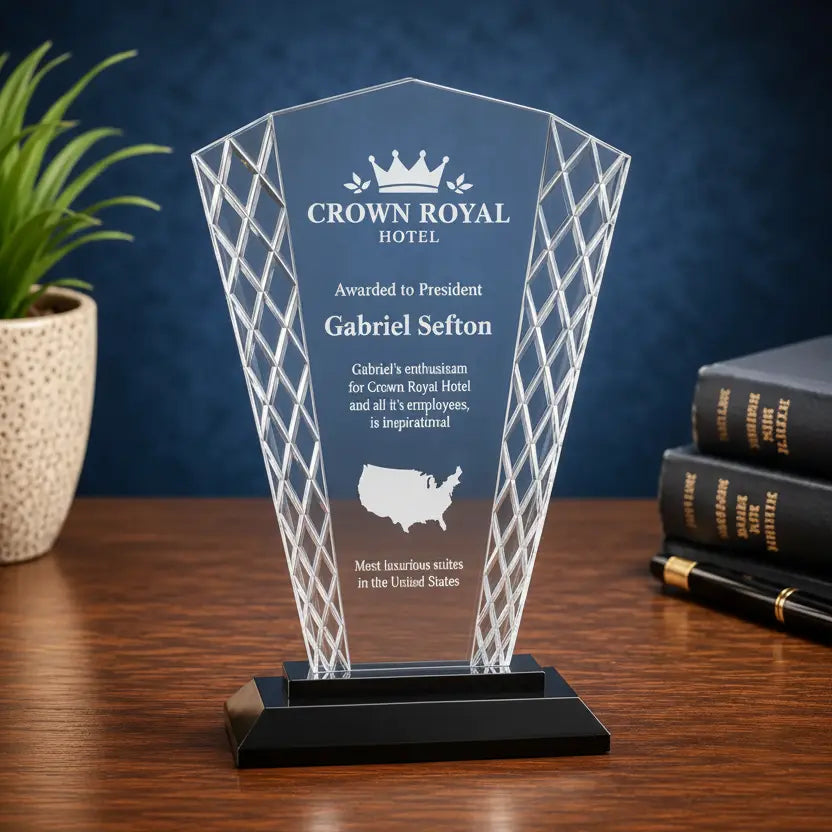 Personalized Fan Accent Glass Award with Black or Blue Base – Custom Engraved Recognition Award Sams Engraving and Gifts