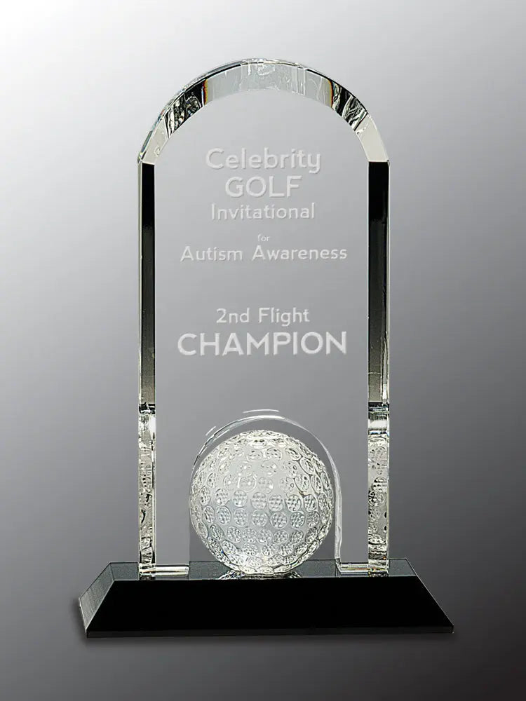 Premier Crystal Dome Award with Inset Golf Ball on Black Pedestal Base, Includes Lined Presentation Box, 9" JDS