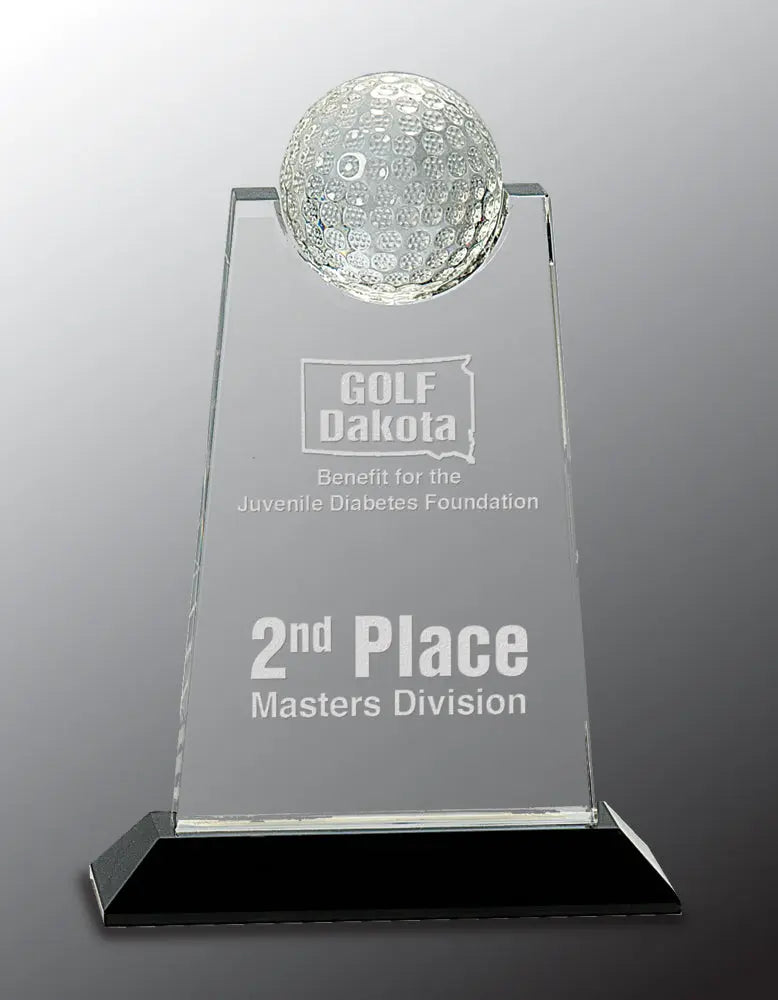Premier Crystal Tablet Award with Inset Golf Ball on Black Pedestal Base, Includes Lined Presentation Box, 9" JDS