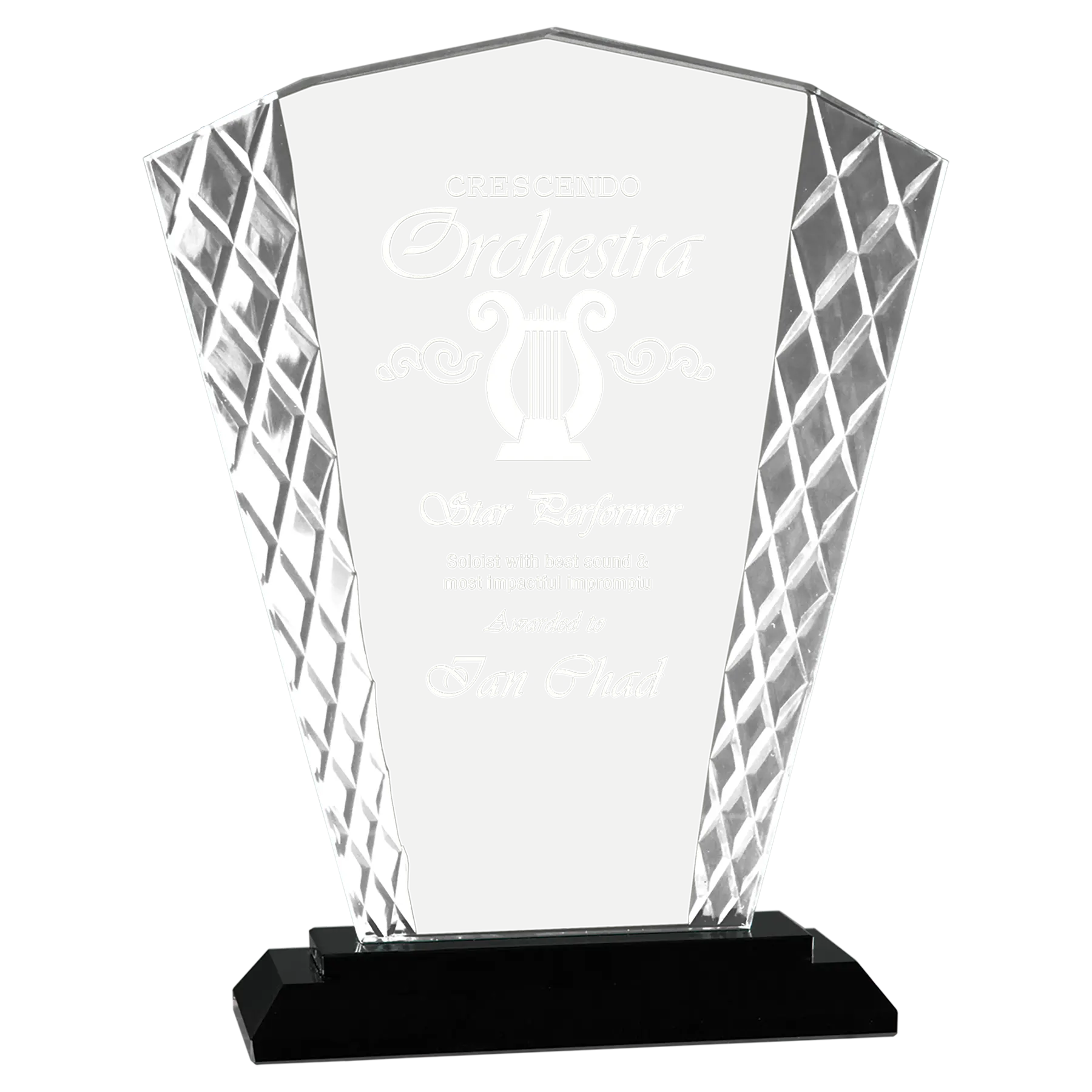 Fan Accent Glass Standing Award with Presentation Box, 2 Sizes & Colors JDS
