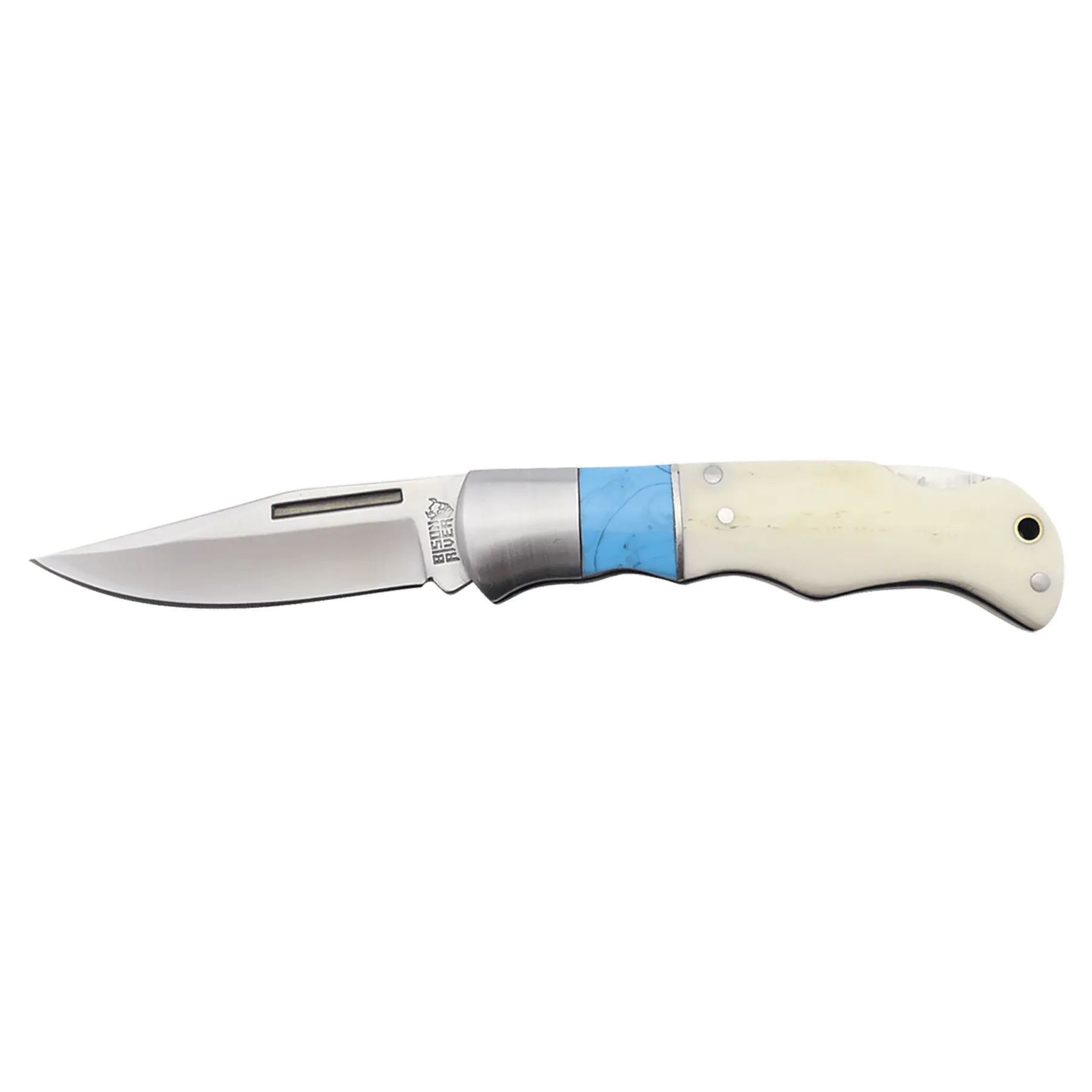 Personalized Bison River 3.5" Folding Pocket Knife, Bone Handle with Blue Inlay Sams Engraving and Gifts