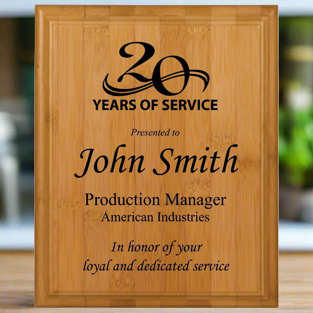 Custom Engraved Genuine Bamboo Plaque Award, Black Engraving, 8" x 10" JDS