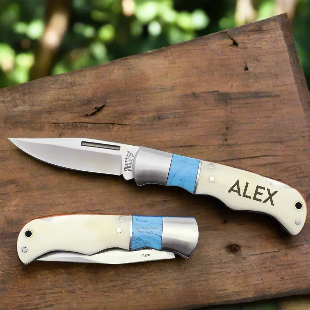 Personalized Bison River 3.5" Folding Pocket Knife, Bone Handle with Blue Inlay  Sams Engraving and Gifts
