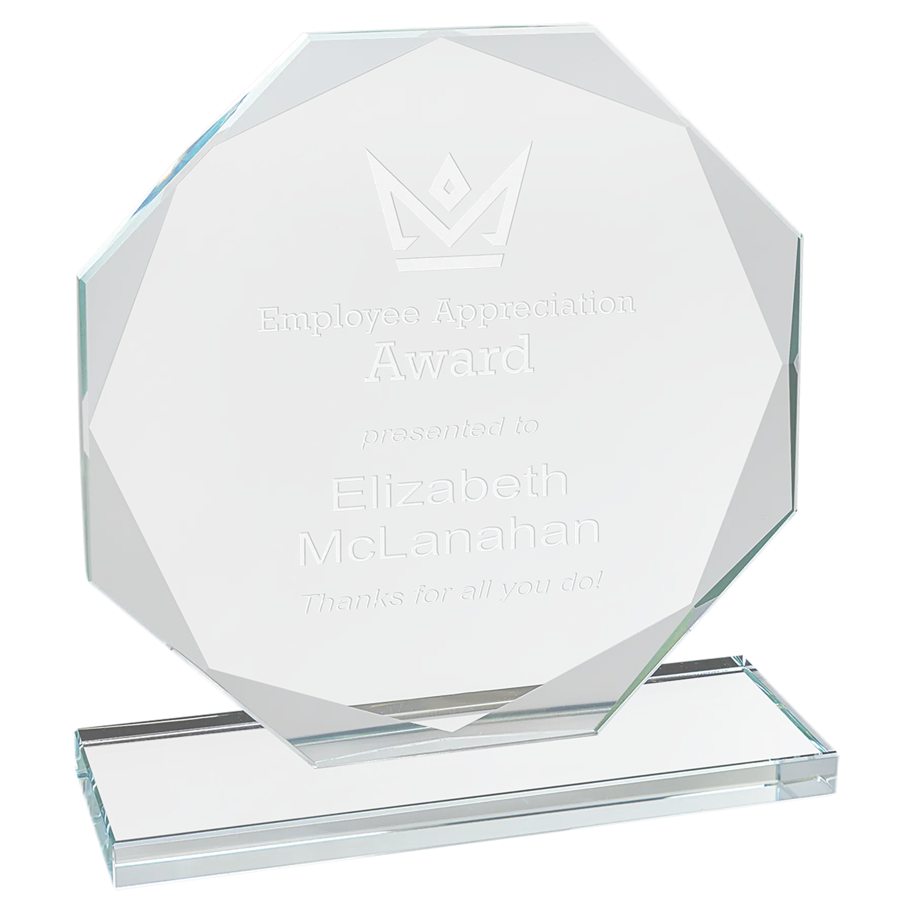 Octagon Beveled Edge Glass Standing Award with Lined Presentation Box, 2 Sizes JDS