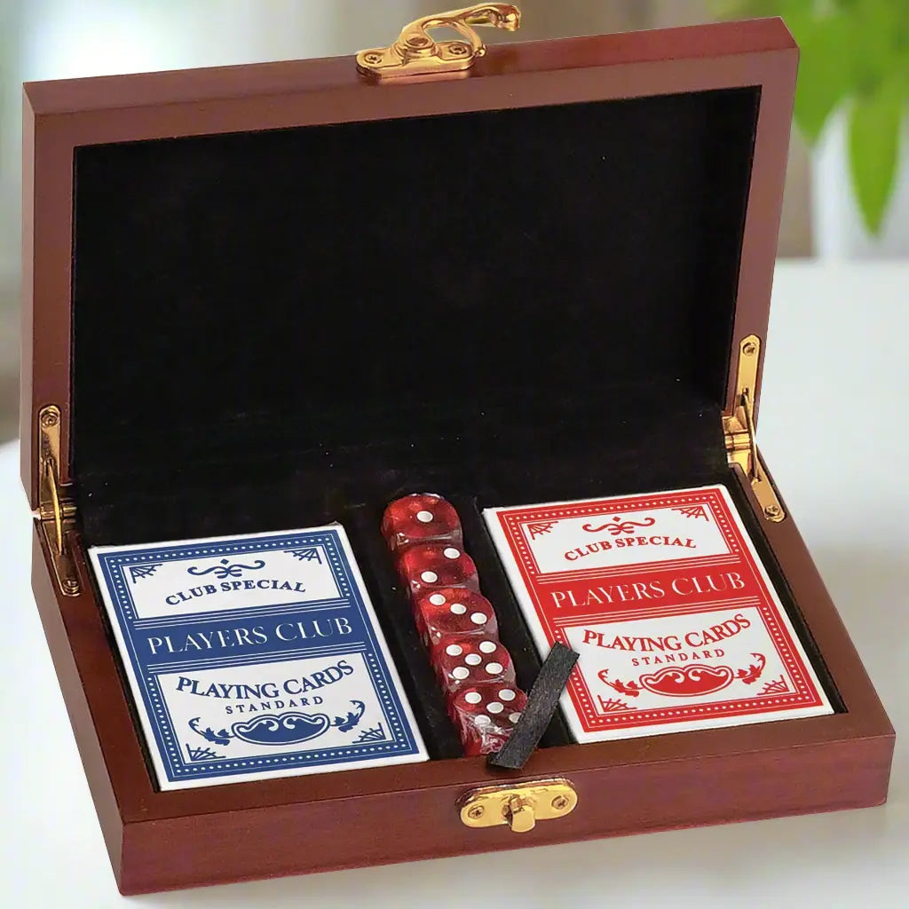 Personalized Rosewood Finish Card & Dice Game Set with Gold Color Filled Engraving – 7.5" x 4.5" JDS